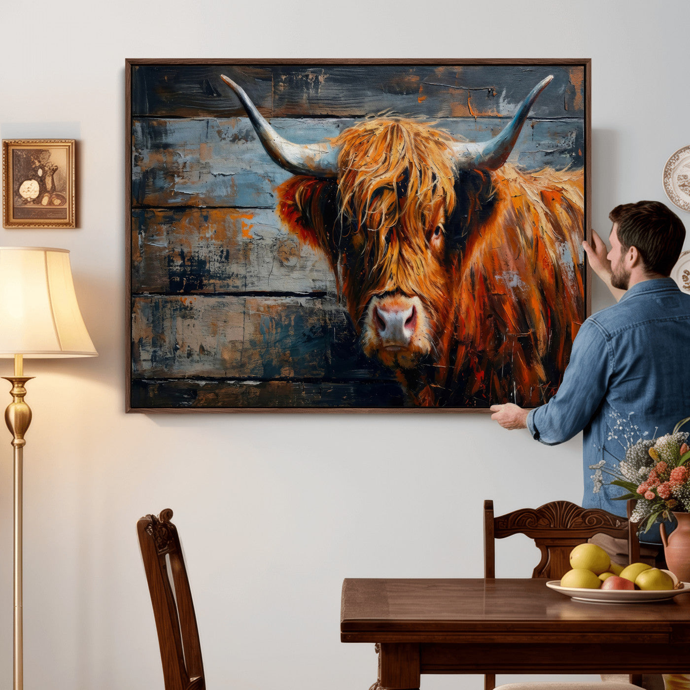 Highland Cow Wall Art Canvas Print, Abstract Rustic Farm