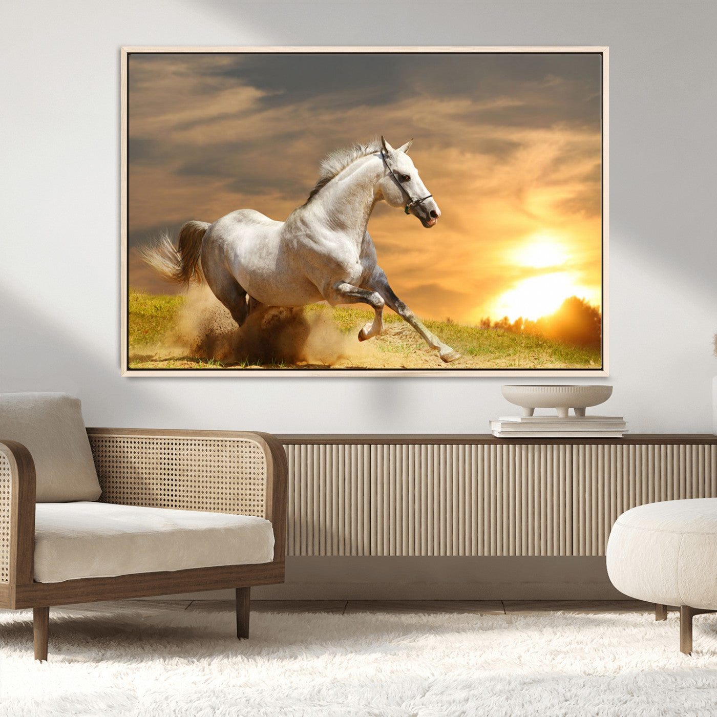 White Horse Running Canvas Sunset Wall Art