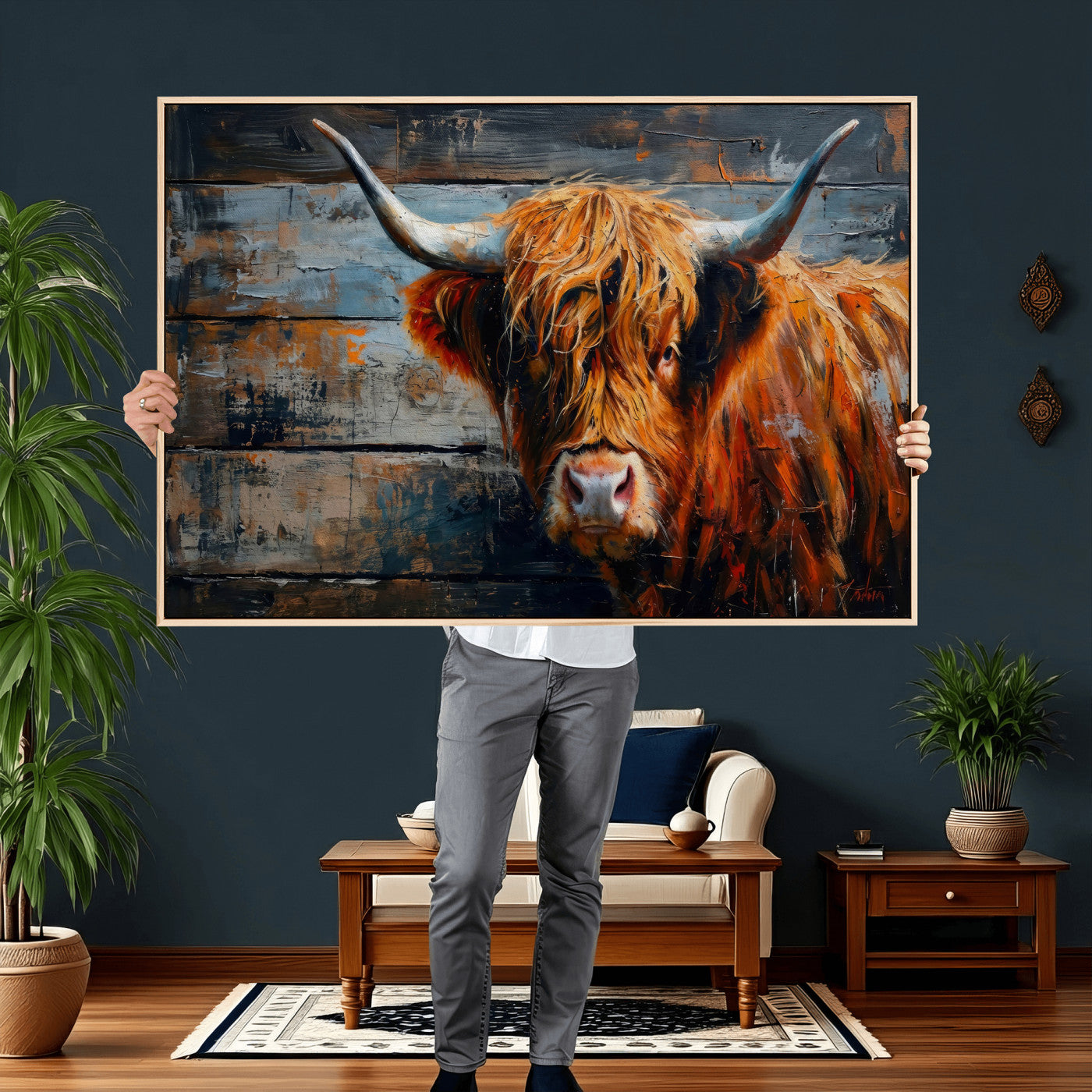 Highland Cow Wall Art Canvas Print, Abstract Rustic Farm