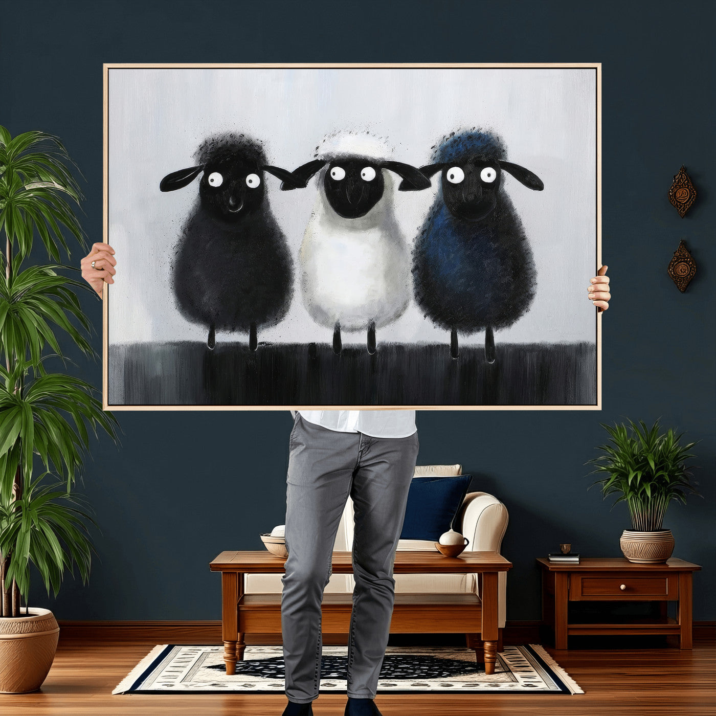 Funny Sheep Canvas Wall Art, Three Quirky Sheep Painting Print, Cute Animal Nursery Decor, Black White Navy Farmhouse Art, Kids Room Gift