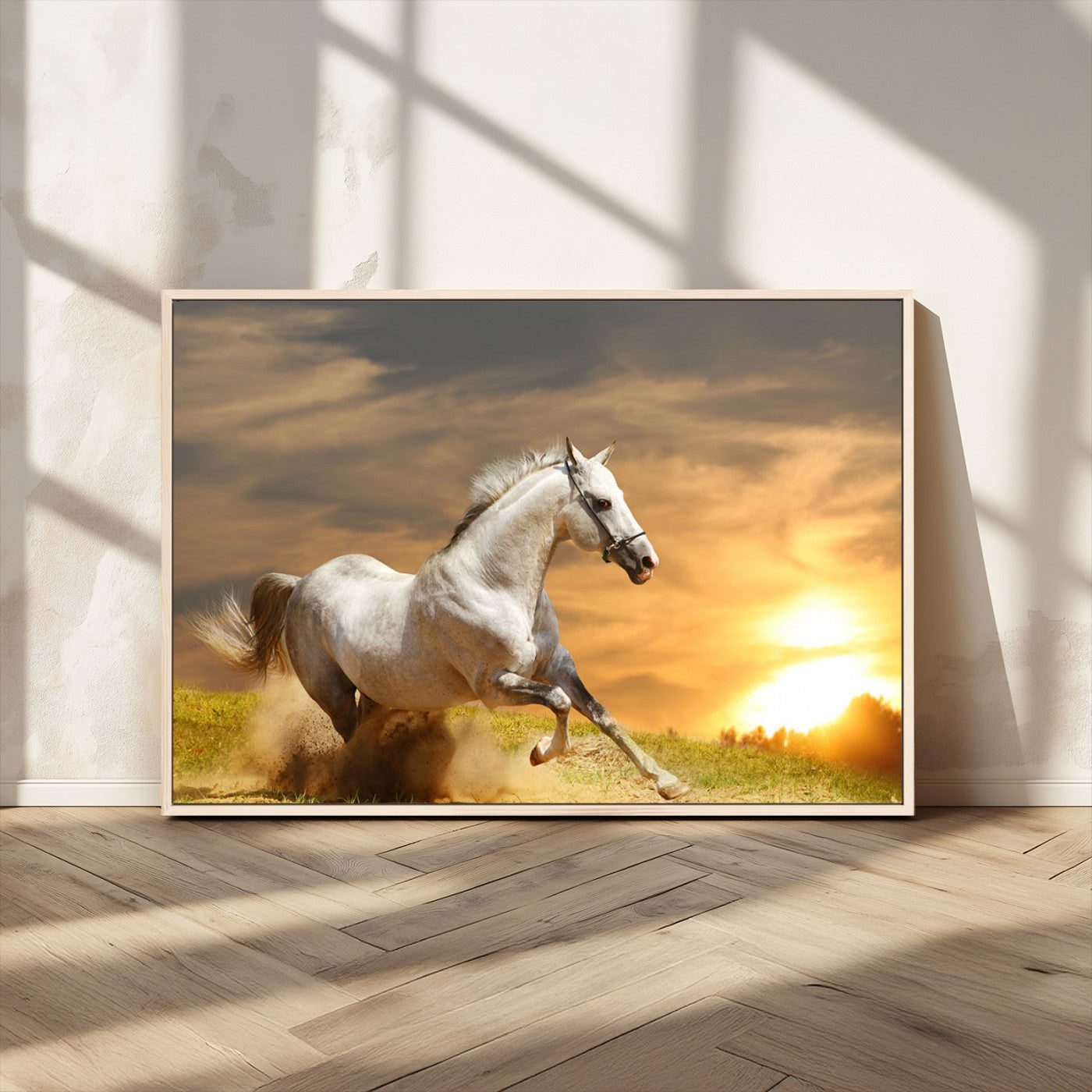 White Horse Running Canvas Sunset Wall Art