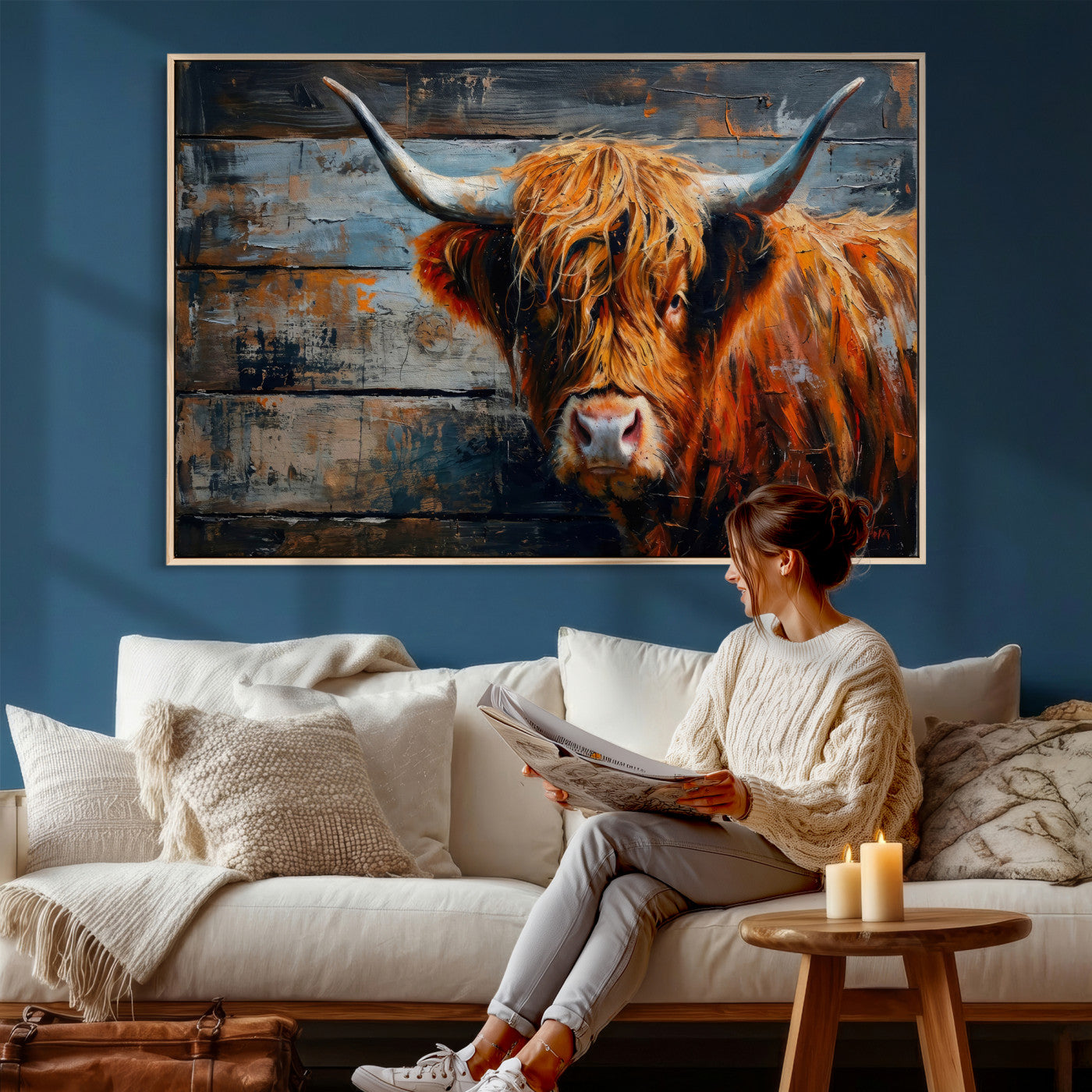 Highland Cow Wall Art Canvas Print, Abstract Rustic Farm