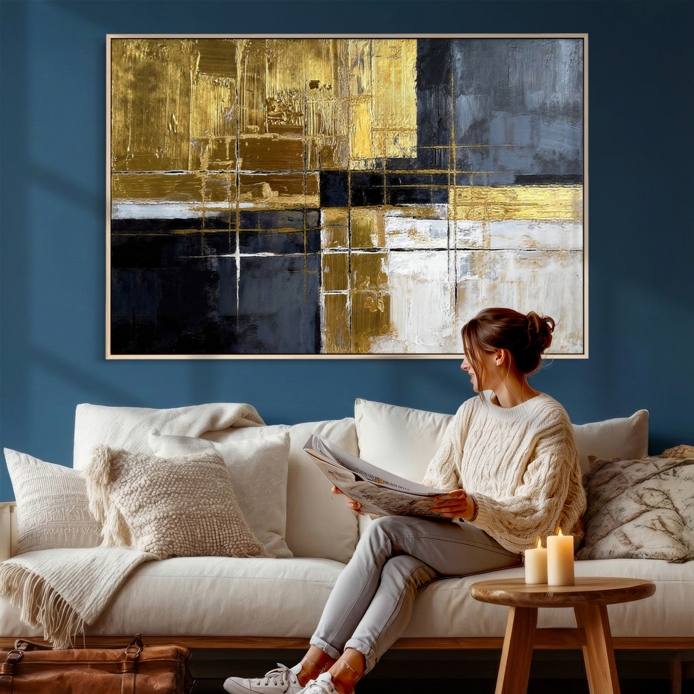 Gold Navy Abstract Wall Art Canvas Print, Modern Luxury