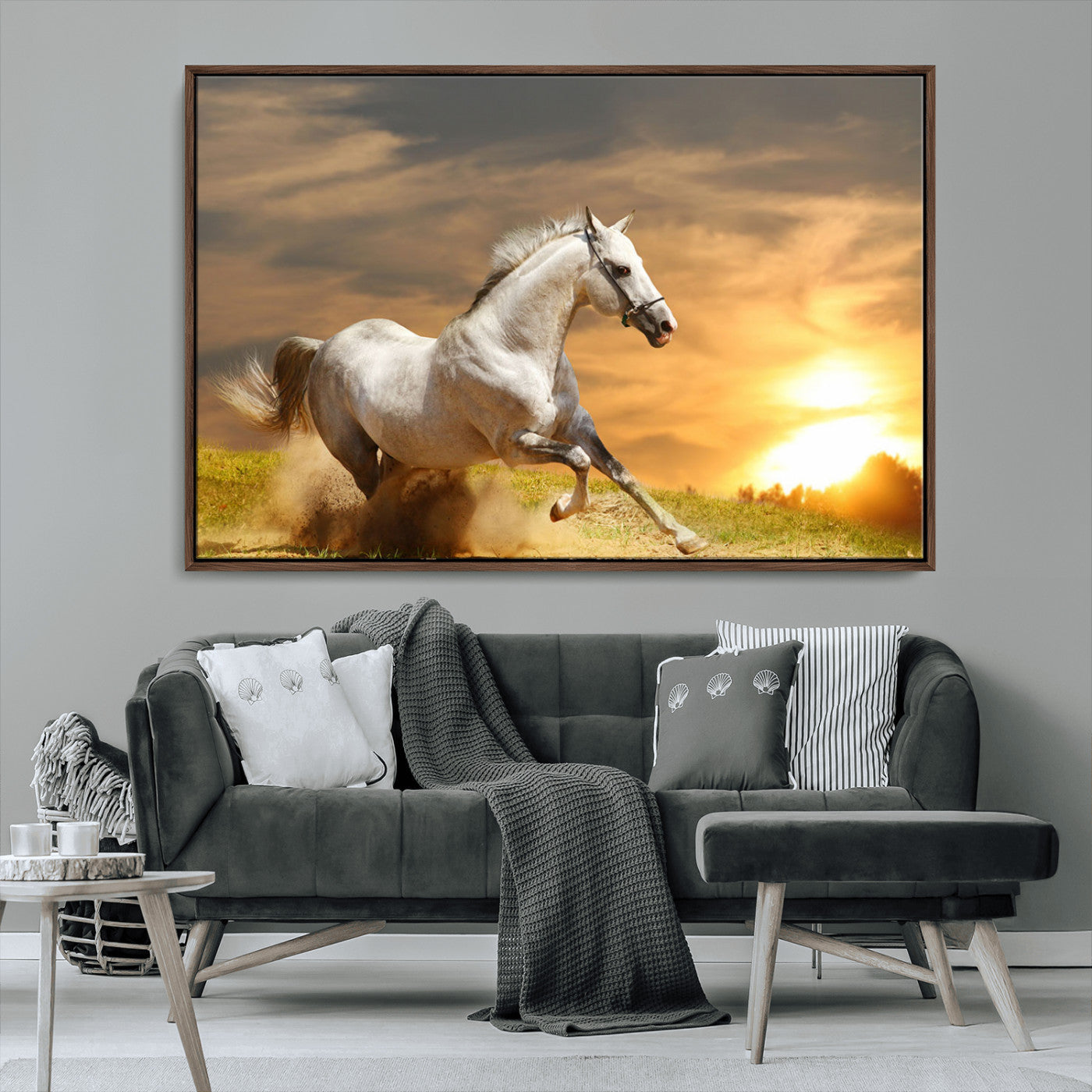 White Horse Running Canvas Sunset Wall Art