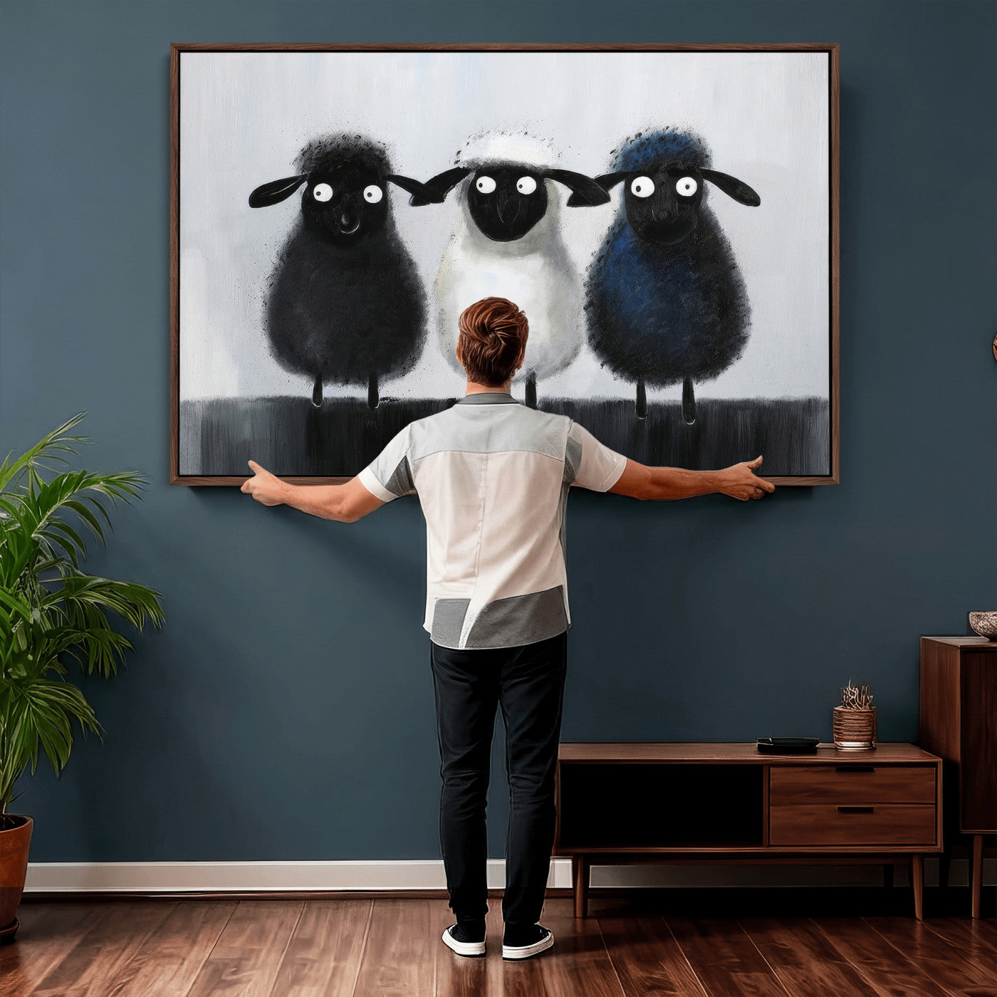 Funny Sheep Canvas Wall Art, Three Quirky Sheep Painting Print, Cute Animal Nursery Decor, Black White Navy Farmhouse Art, Kids Room Gift