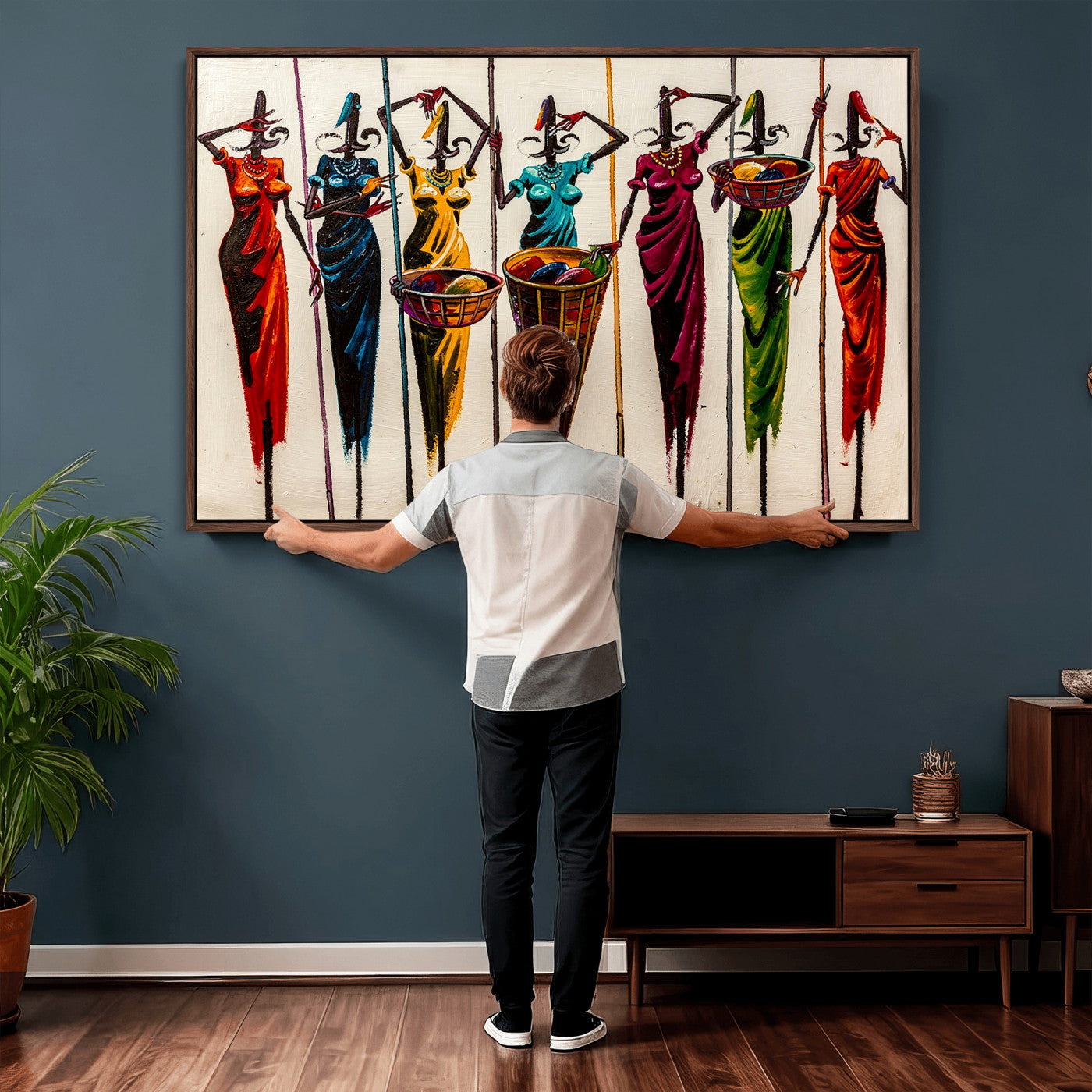 African Folk Art Canvas Wall Art, Colorful African Women Village Painting Print, Tribal Ethnic Home Decor, Vibrant African Art, Living Room