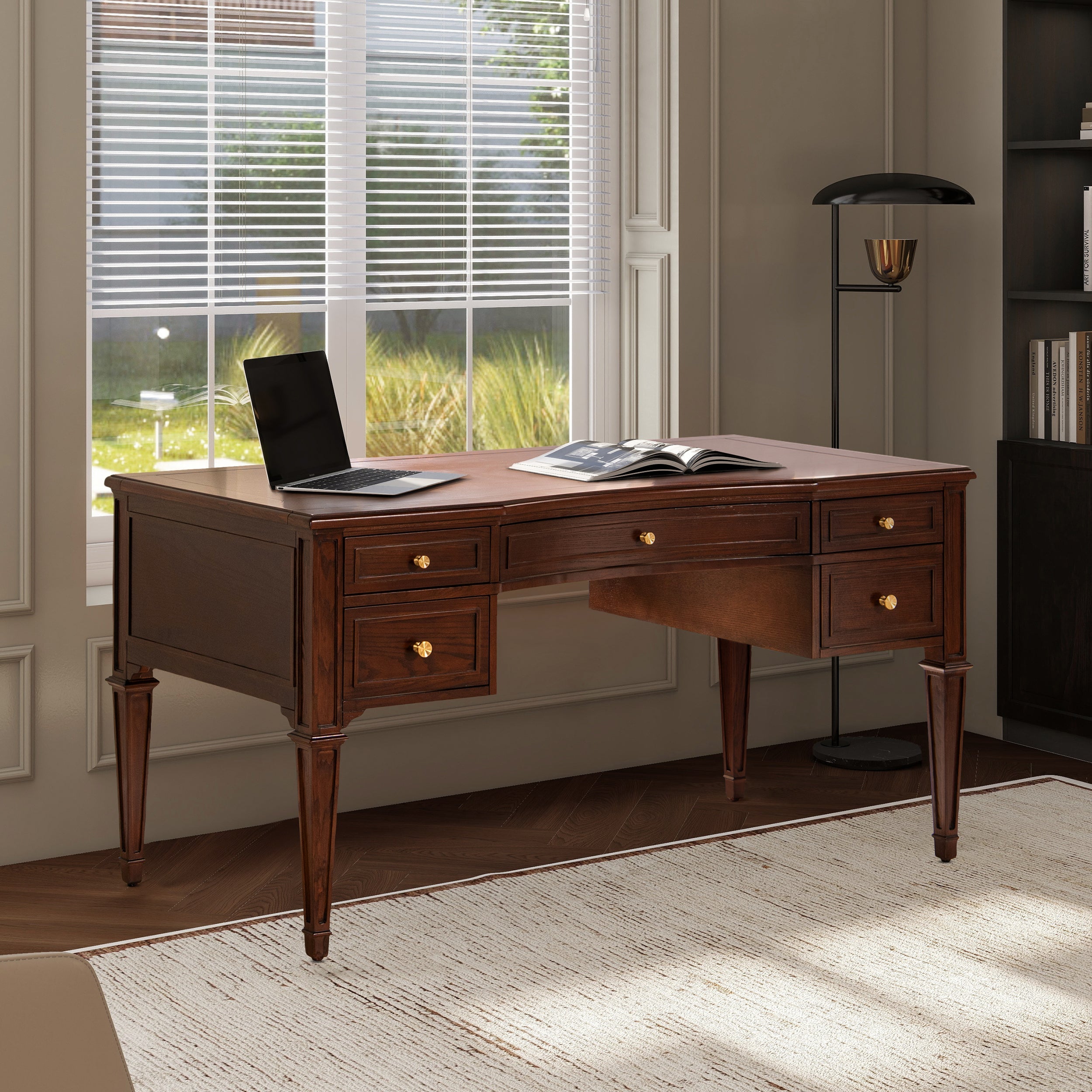 Dauphin Gold Accent 5-Drawer Wood Executive Desk Dark Walnut Ash Wood & Veneer