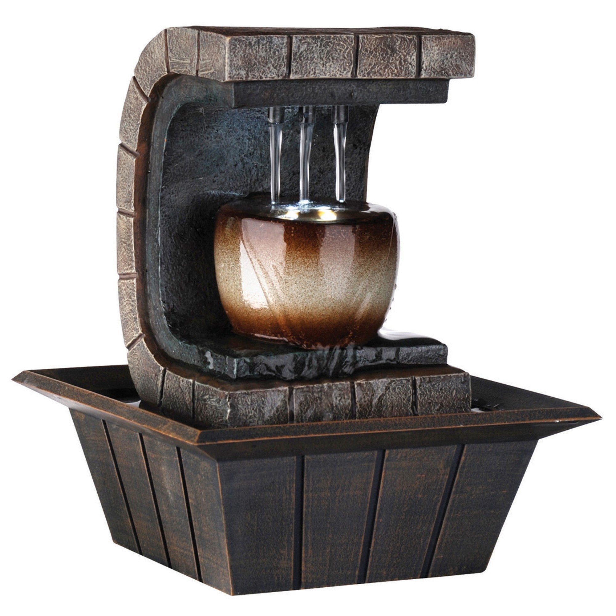 10" Brown Textured Polyresin Tabletop Fountain with LED Light-2