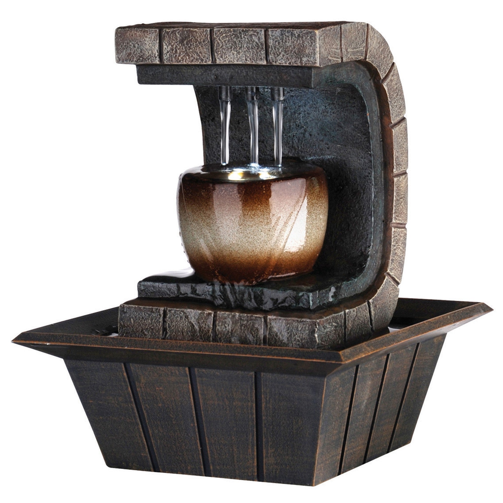 10" Brown Textured Polyresin Tabletop Fountain with LED Light-1