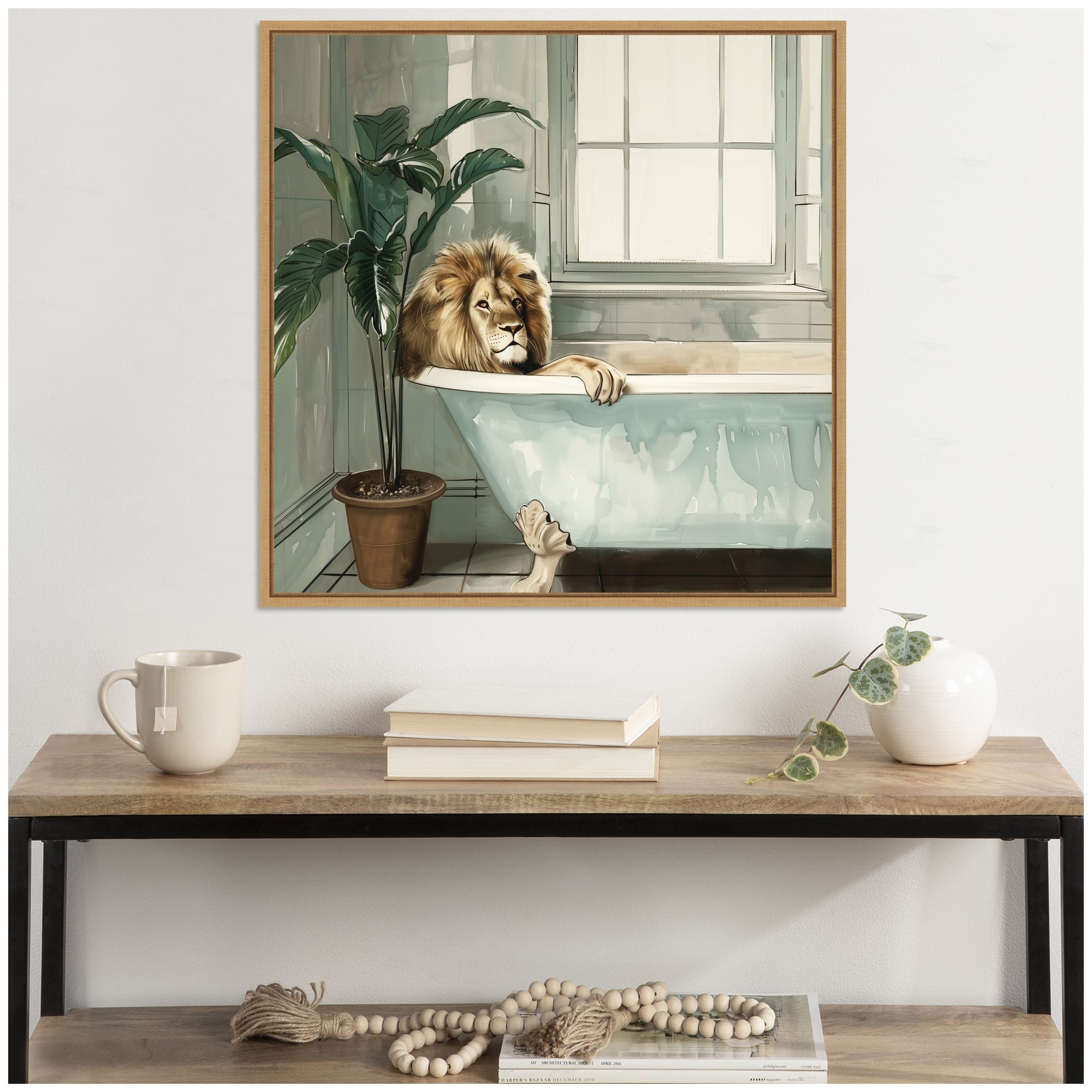 Sylvie Lion Relaxing in Tub Zen Bathroom Framed Canvas by The Creative Bunch Studio