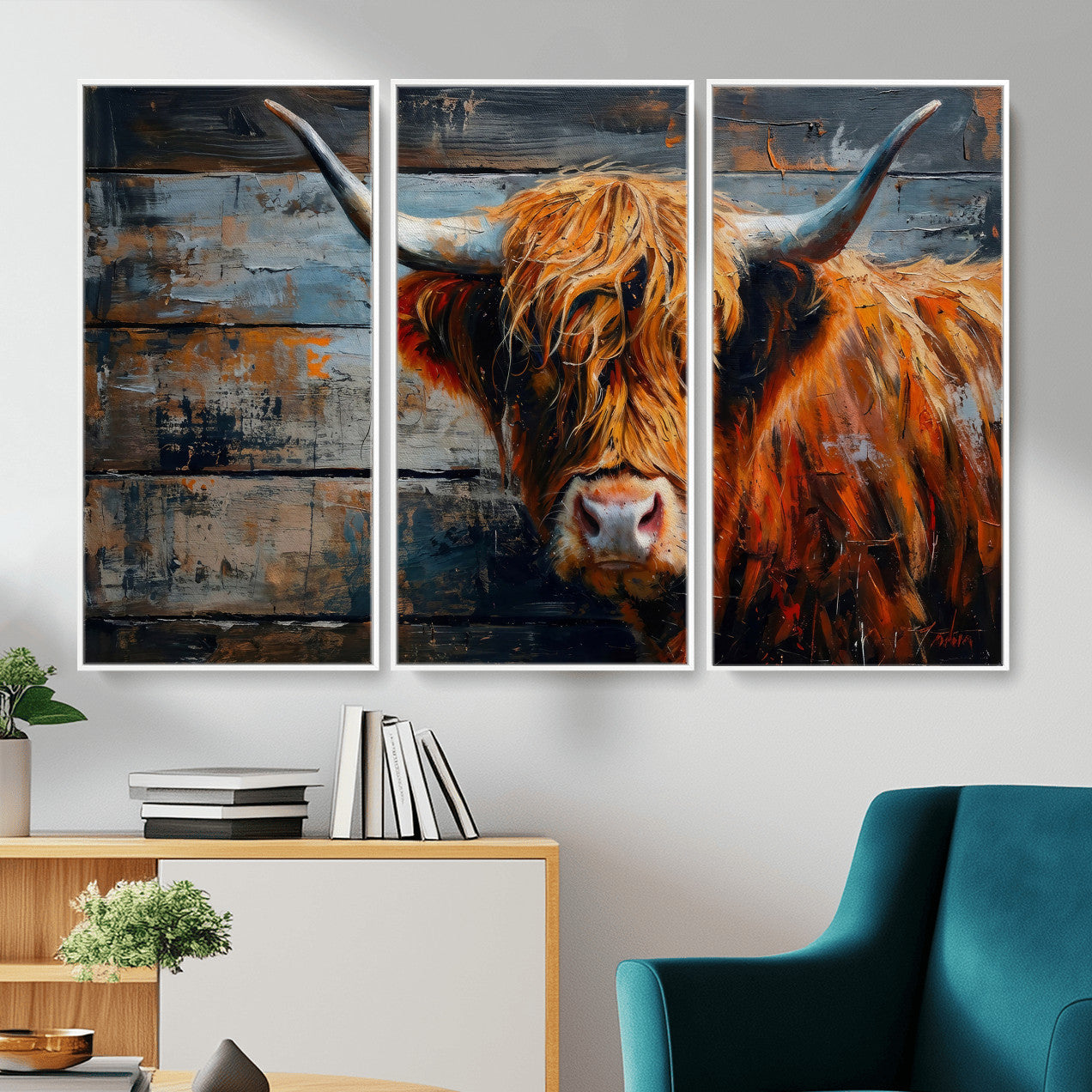 Highland Cow Wall Art Canvas Print, Abstract Rustic Farm