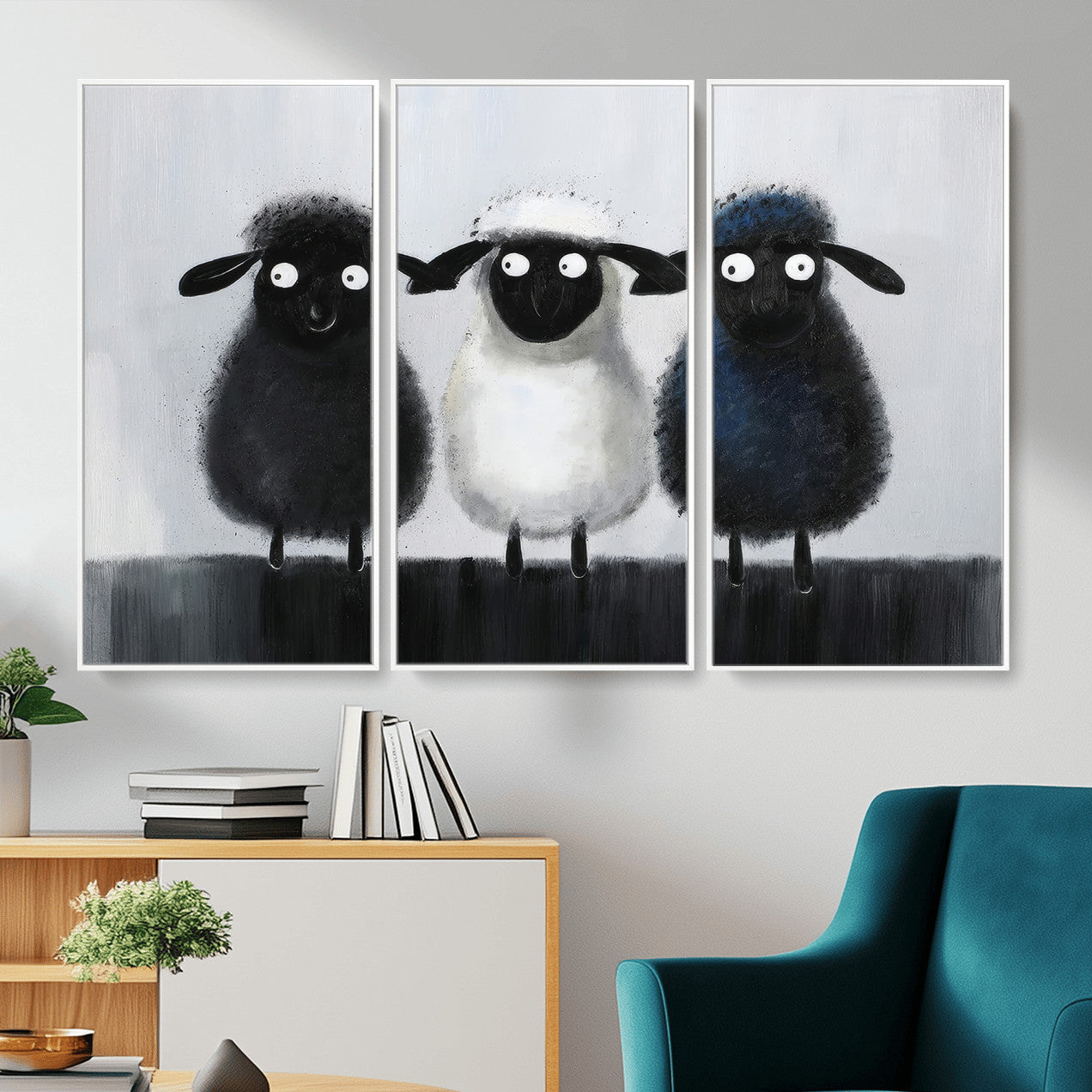 Funny Sheep Canvas Wall Art, Three Quirky Sheep Painting Print, Cute Animal Nursery Decor, Black White Navy Farmhouse Art, Kids Room Gift