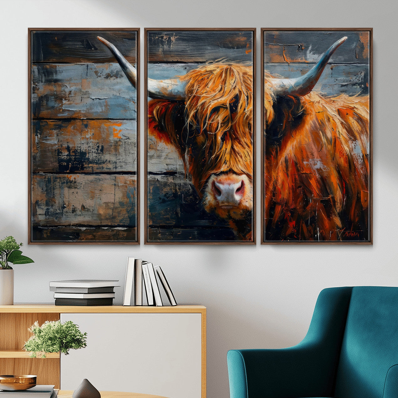 Highland Cow Wall Art Canvas Print, Abstract Rustic Farm