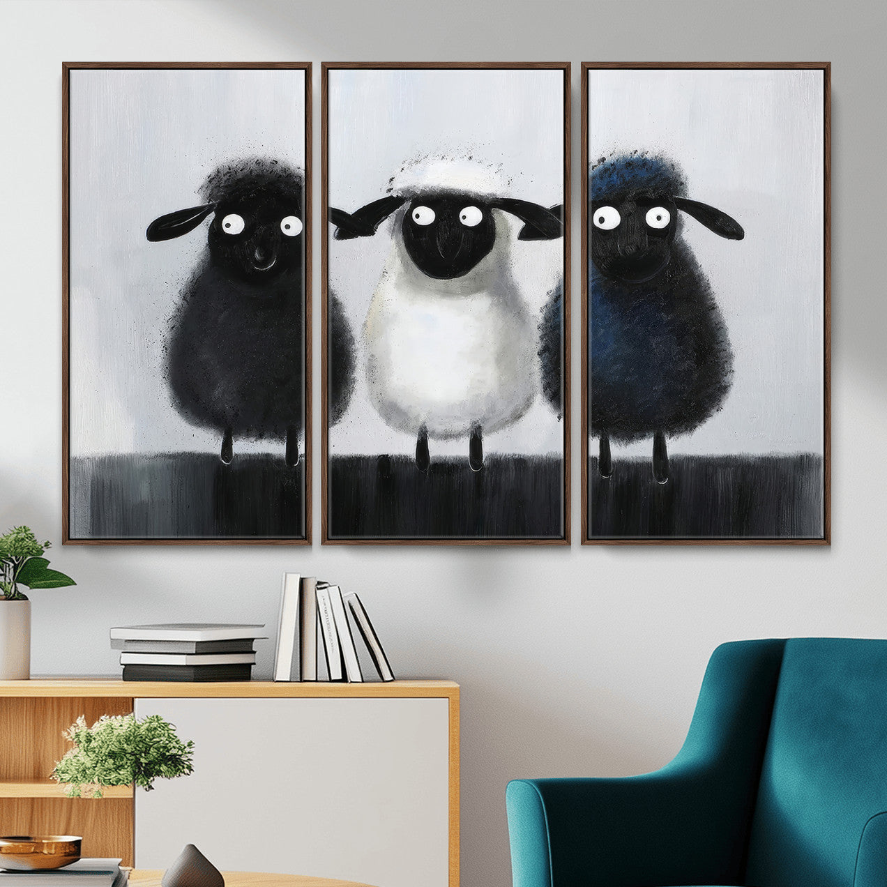Funny Sheep Canvas Wall Art, Three Quirky Sheep Painting Print, Cute Animal Nursery Decor, Black White Navy Farmhouse Art, Kids Room Gift