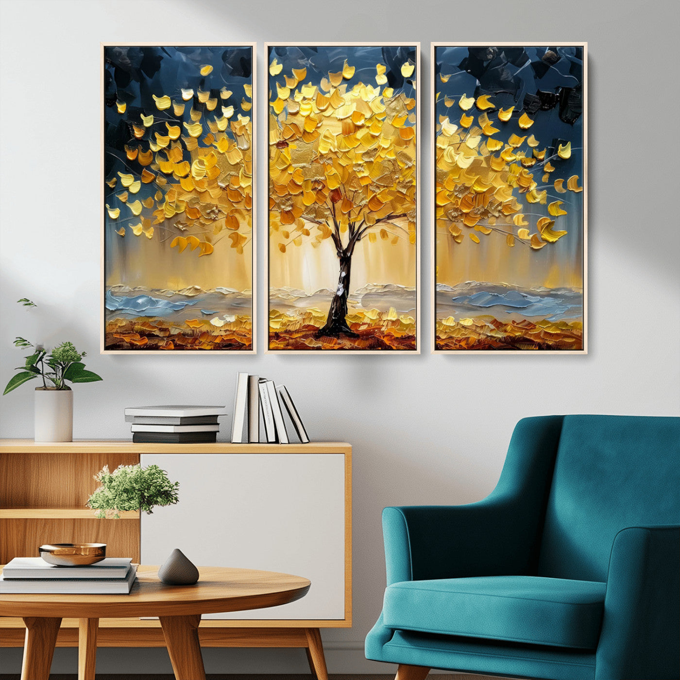 Golden Tree Wall Art – Framed Autumn Leaves Canvas Artwork,