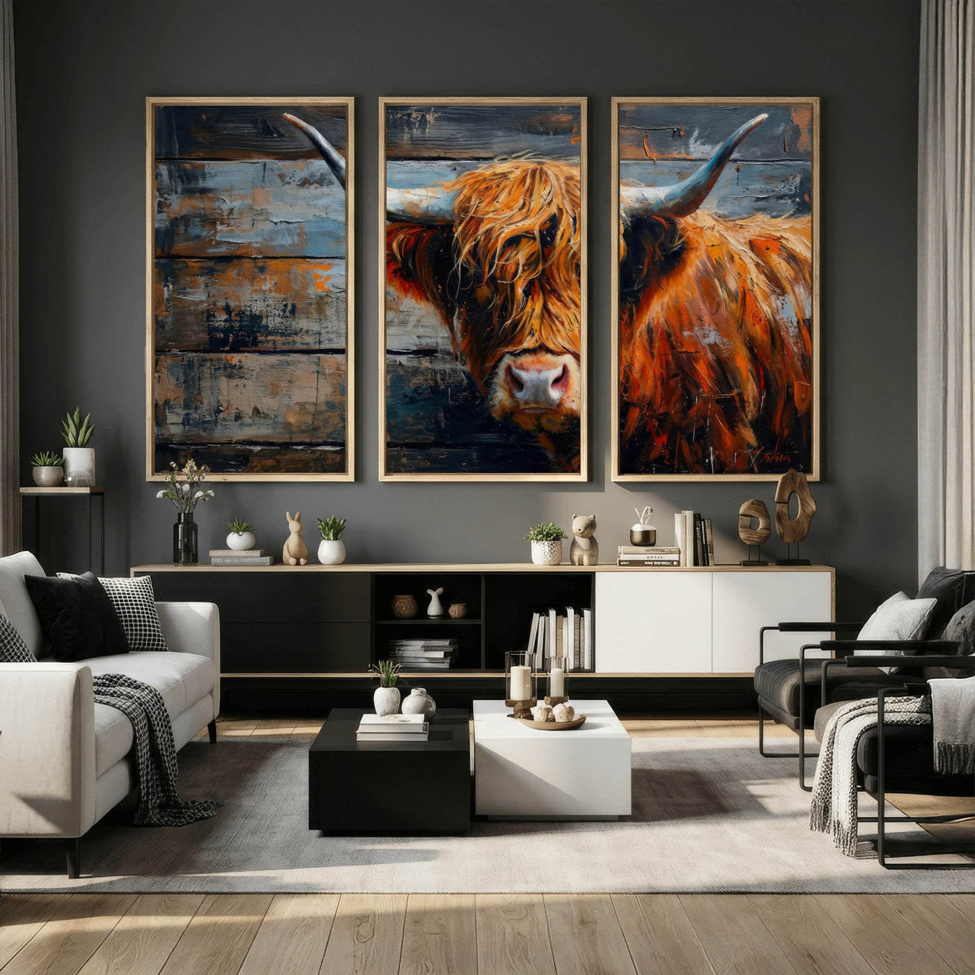Highland Cow Wall Art Canvas Print, Abstract Rustic Farm