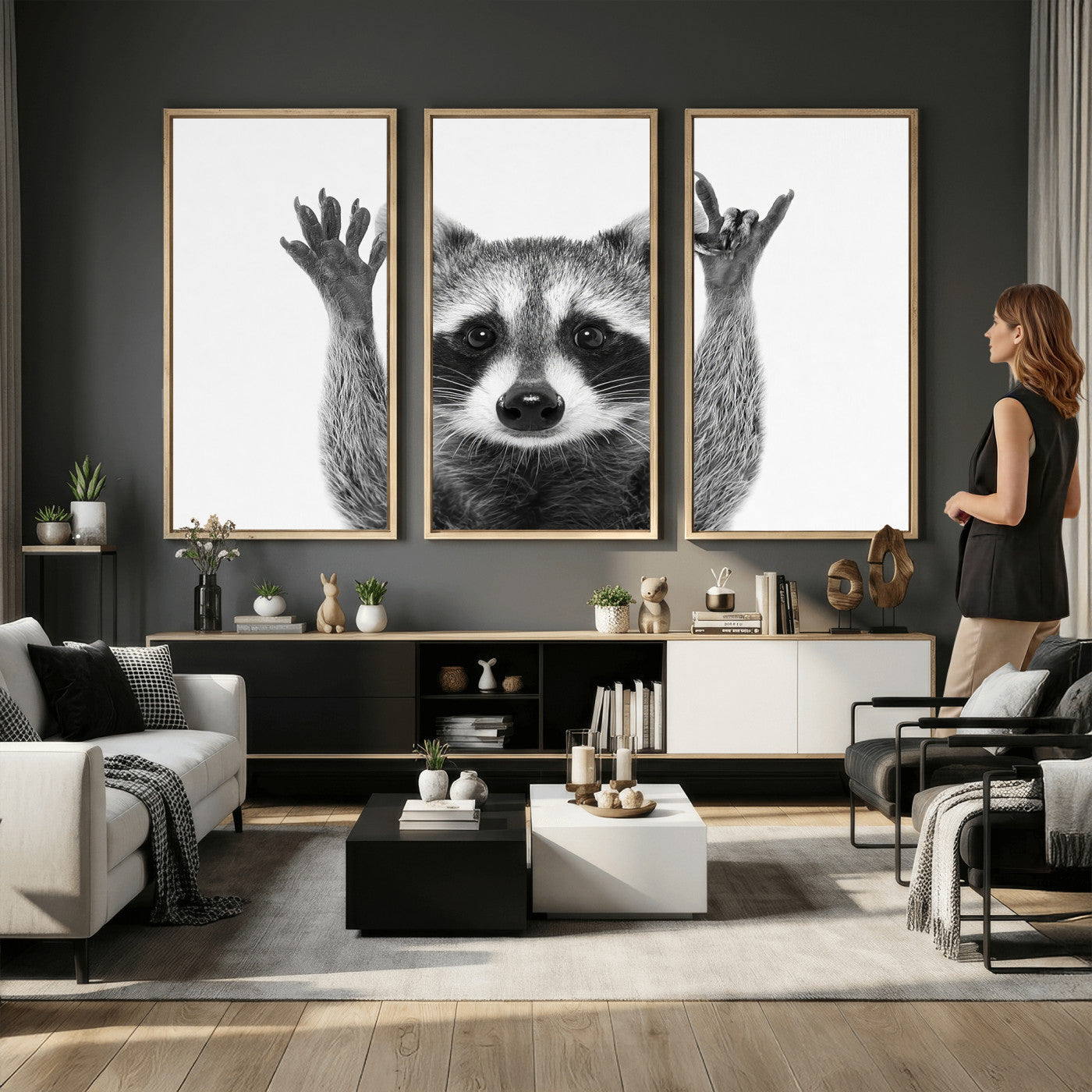 Funny Raccoon Canvas Wall Art, Black White Hands Up Animal Photo Print, Humorous Wildlife Decor, Kids Room Nursery Art, Quirky Animal Gift