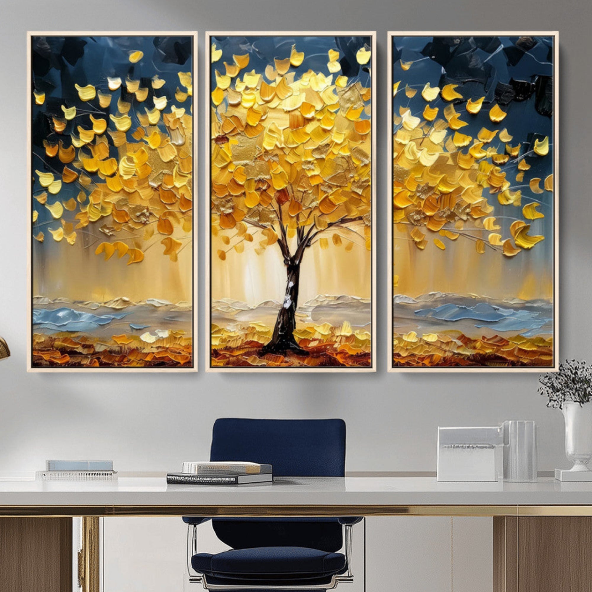 Golden Tree Wall Art – Framed Autumn Leaves Canvas Artwork,