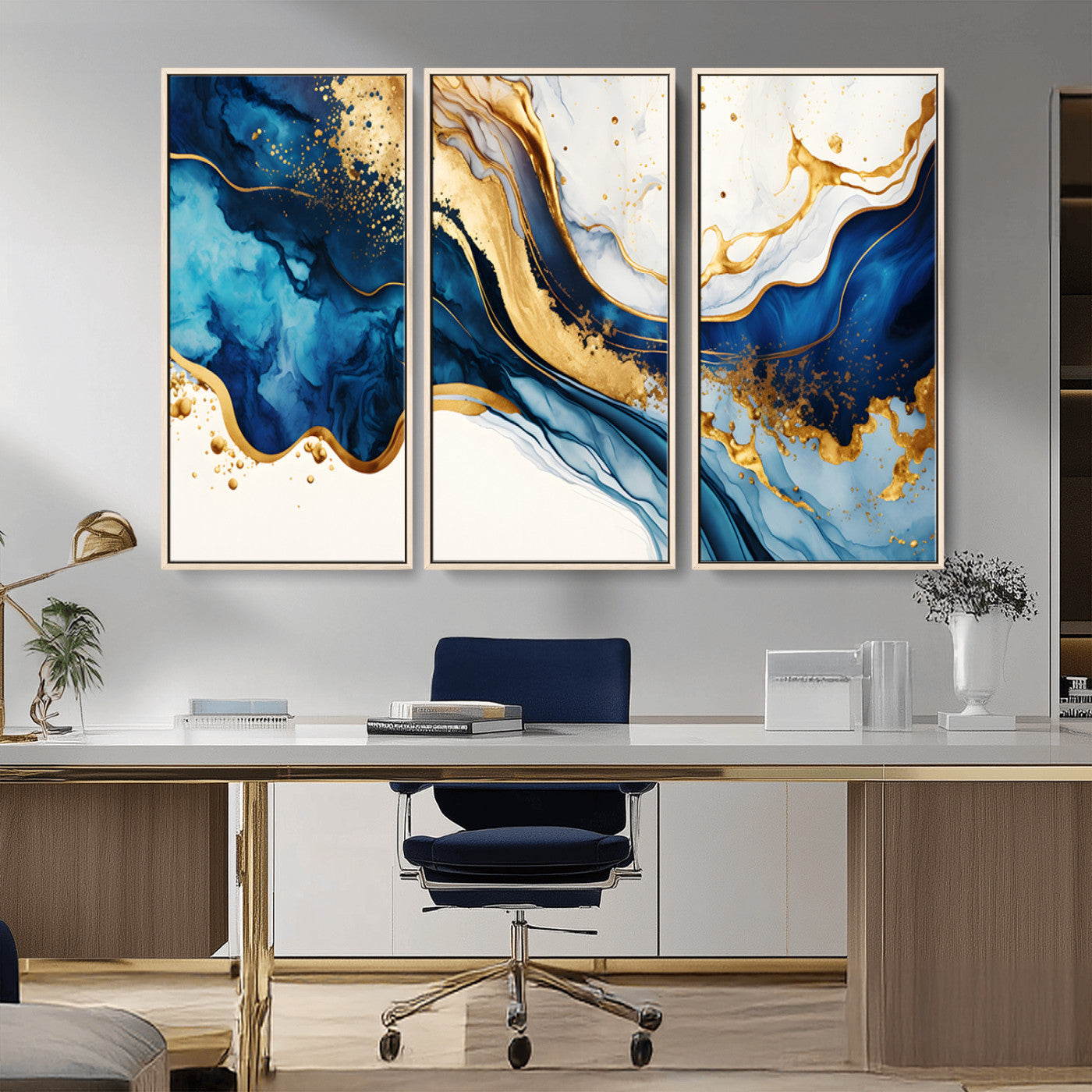 Blue Gold Flow Wall Art Canvas Print – Framed Marble Design
