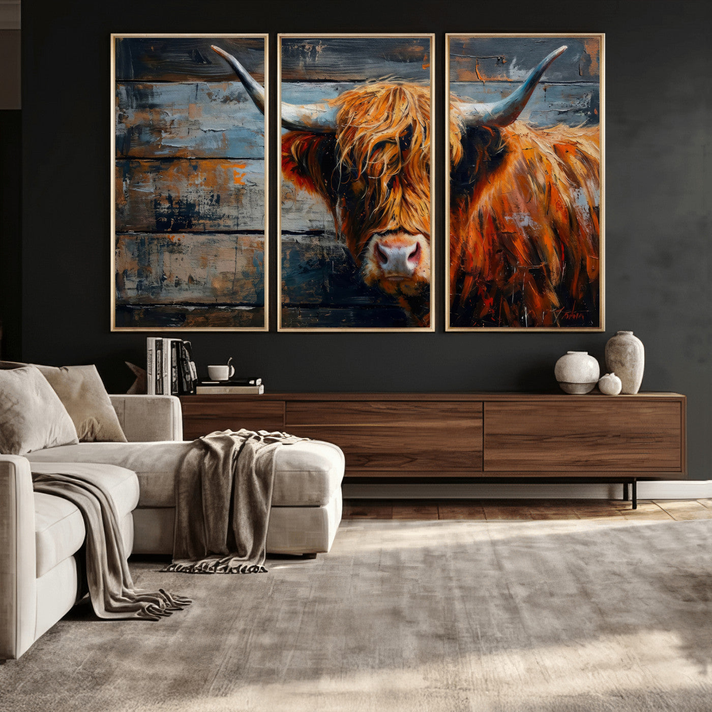 Highland Cow Wall Art Canvas Print, Abstract Rustic Farm