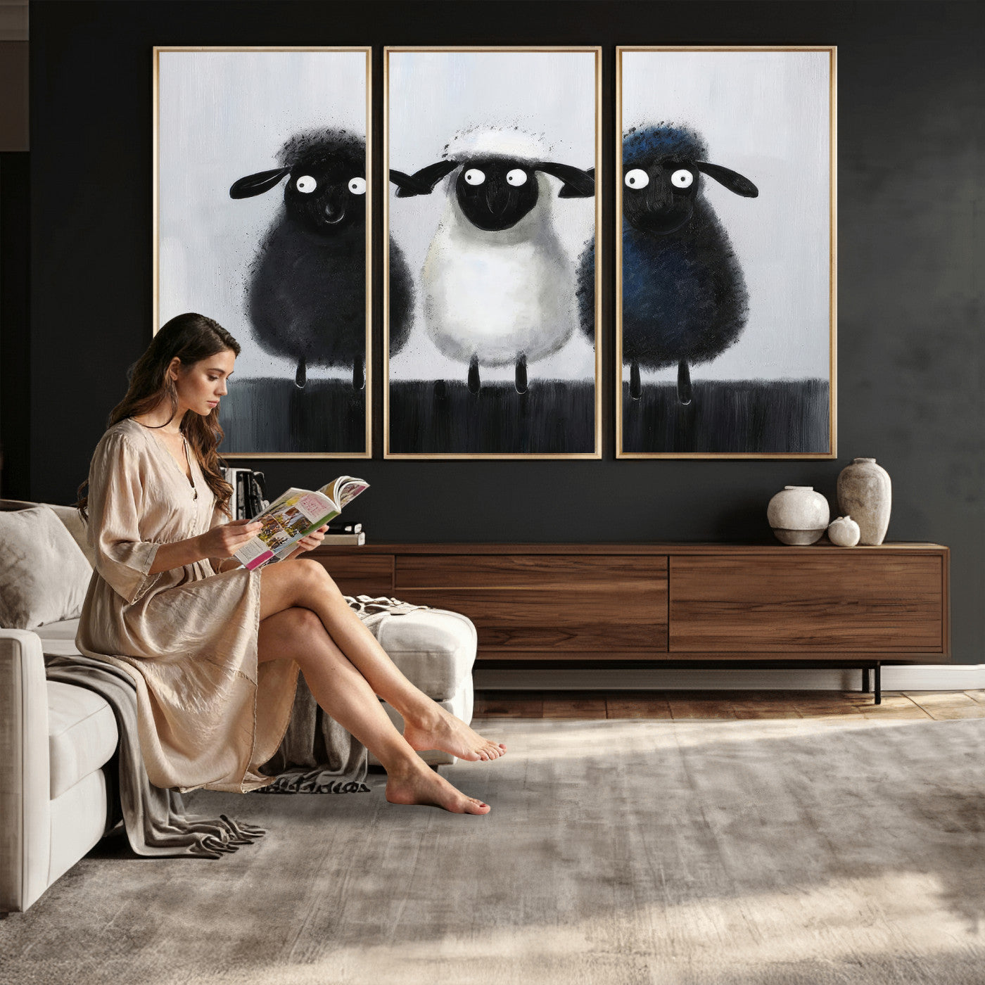 Funny Sheep Canvas Wall Art, Three Quirky Sheep Painting Print, Cute Animal Nursery Decor, Black White Navy Farmhouse Art, Kids Room Gift