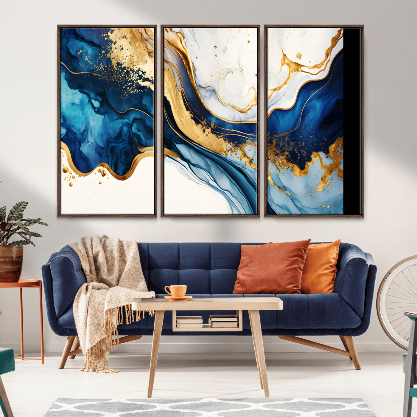Blue Gold Flow Wall Art Canvas Print – Framed Marble Design