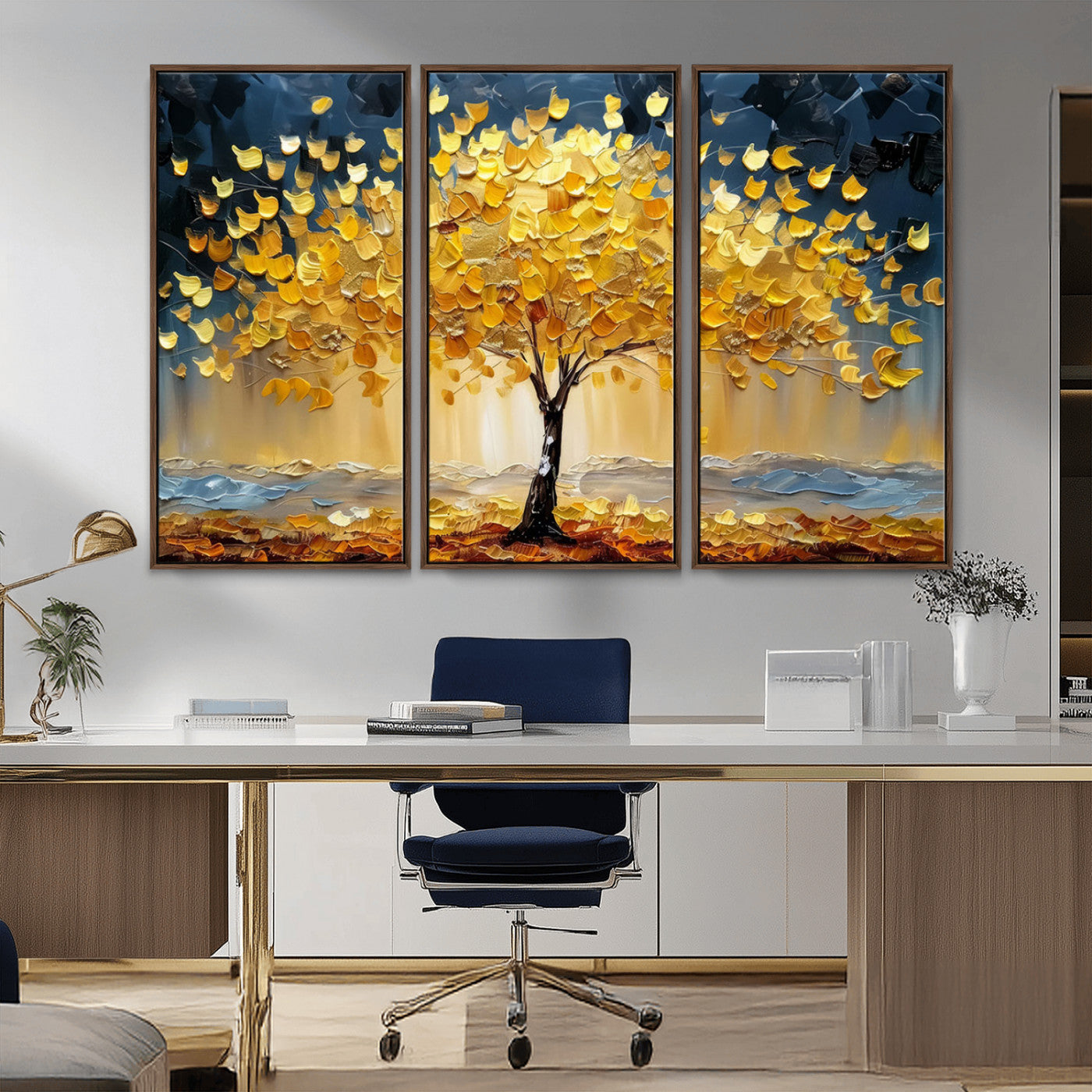 Golden Tree Wall Art – Framed Autumn Leaves Canvas Artwork,