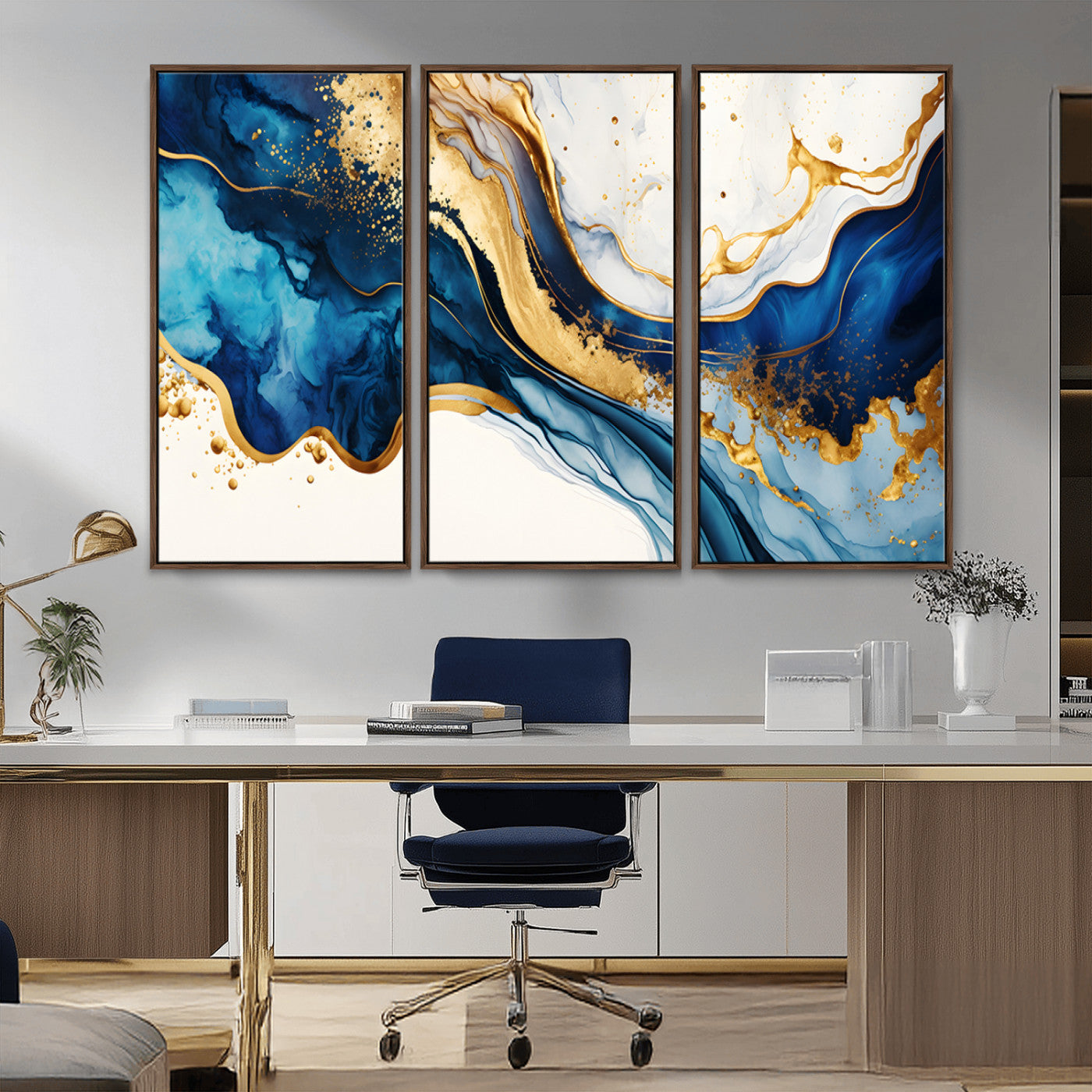 Blue Gold Flow Wall Art Canvas Print – Framed Marble Design