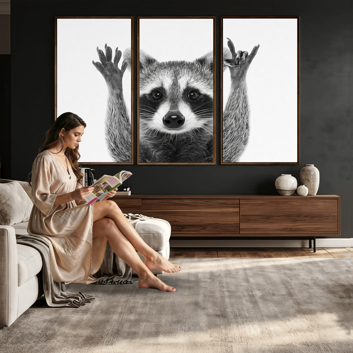 Funny Raccoon Canvas Wall Art, Black White Hands Up Animal Photo Print, Humorous Wildlife Decor, Kids Room Nursery Art, Quirky Animal Gift