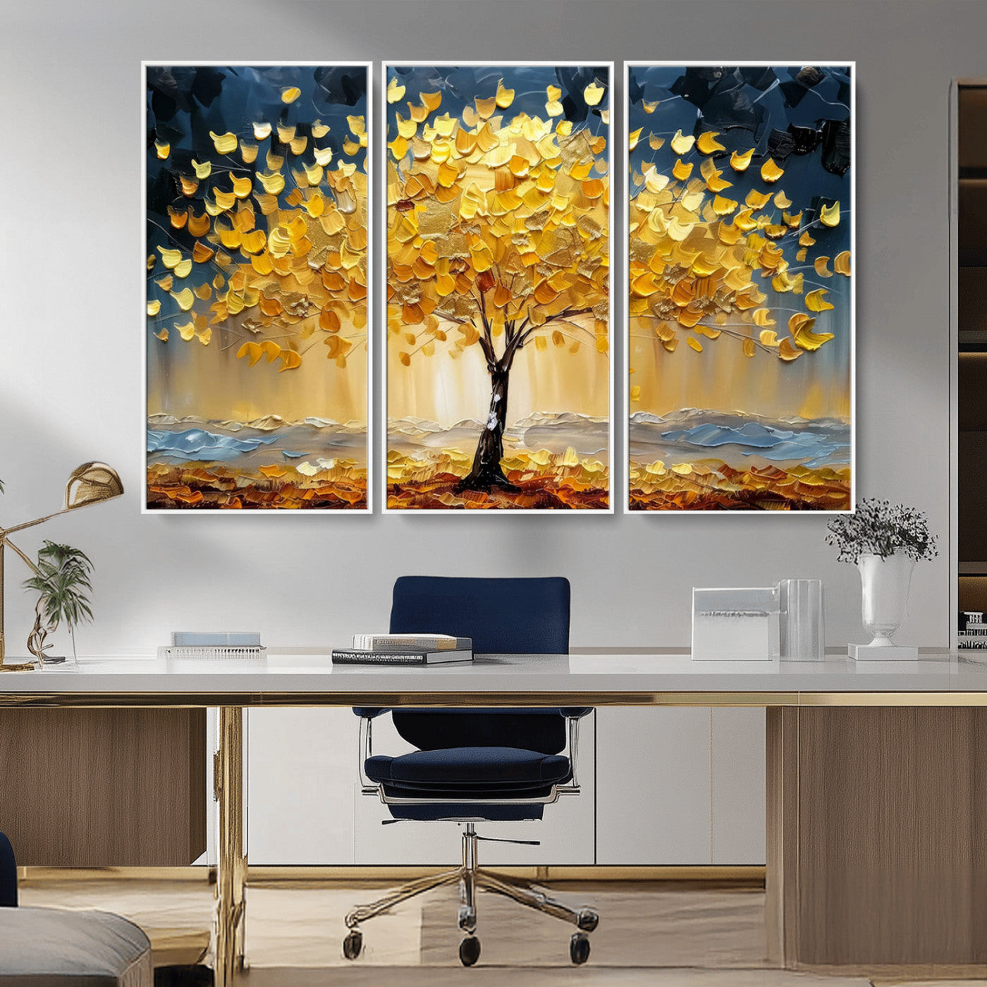 Golden Tree Wall Art – Framed Autumn Leaves Canvas Artwork,