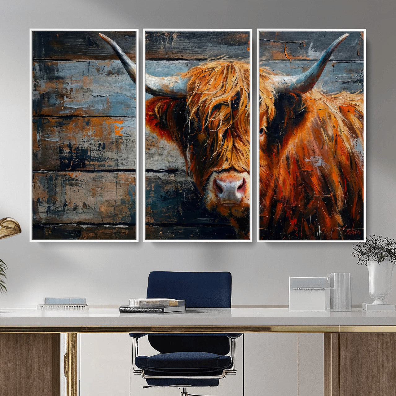 Highland Cow Wall Art Canvas Print, Abstract Rustic Farm