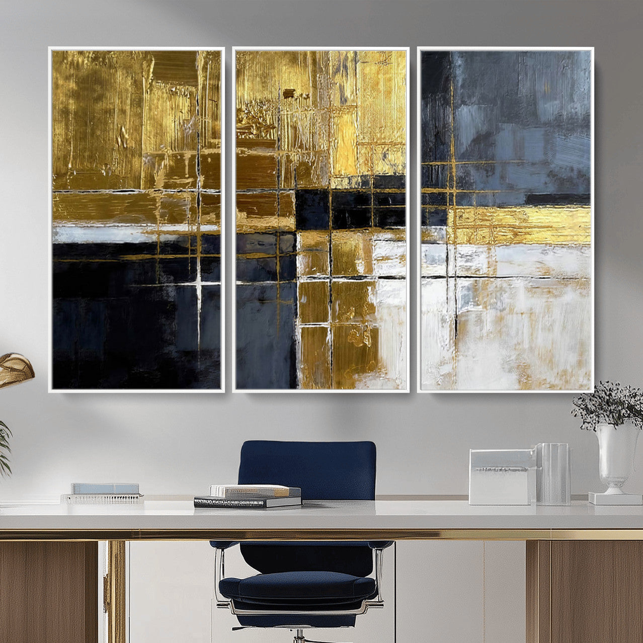 Gold Navy Abstract Wall Art Canvas Print, Modern Luxury