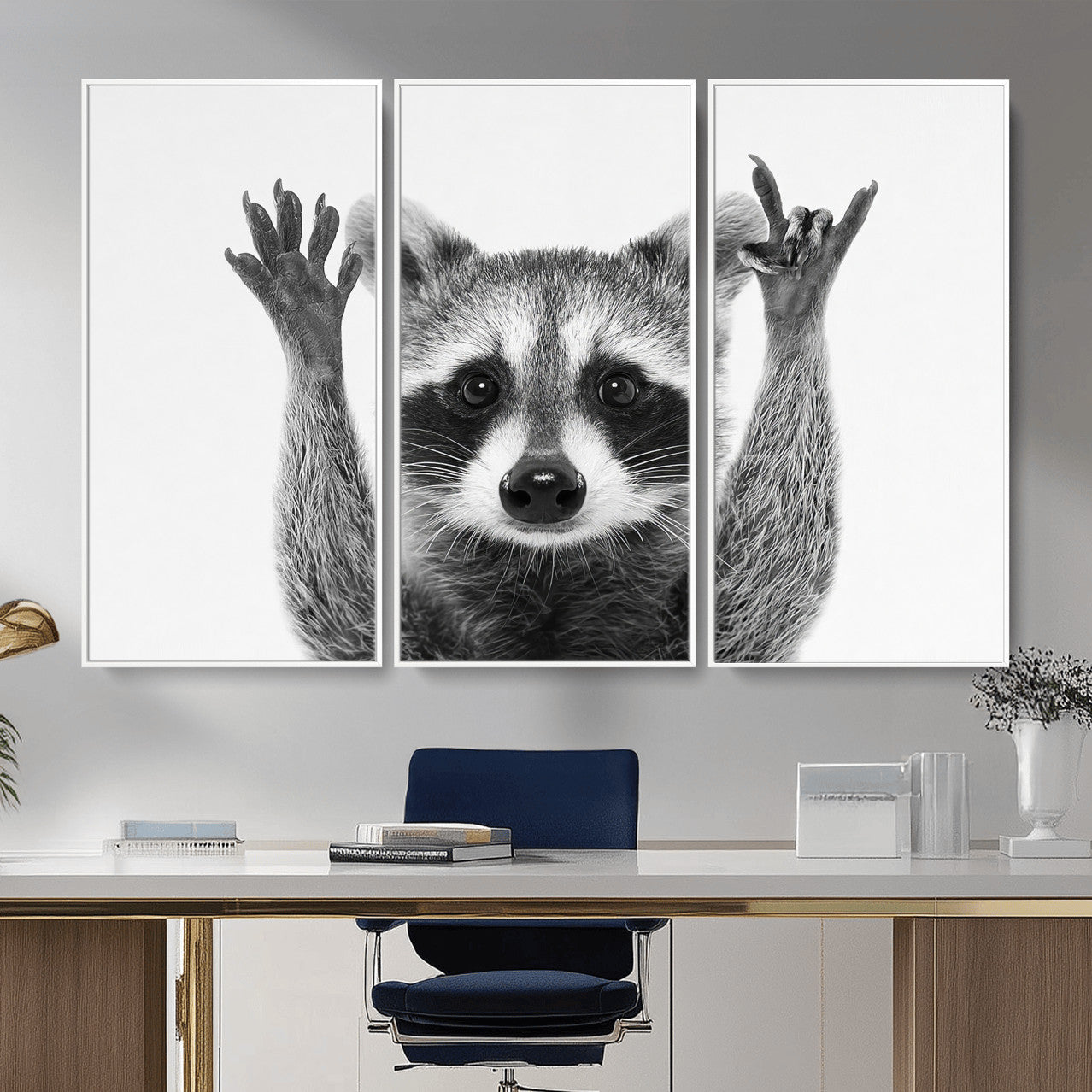 Funny Raccoon Canvas Wall Art, Black White Hands Up Animal Photo Print, Humorous Wildlife Decor, Kids Room Nursery Art, Quirky Animal Gift