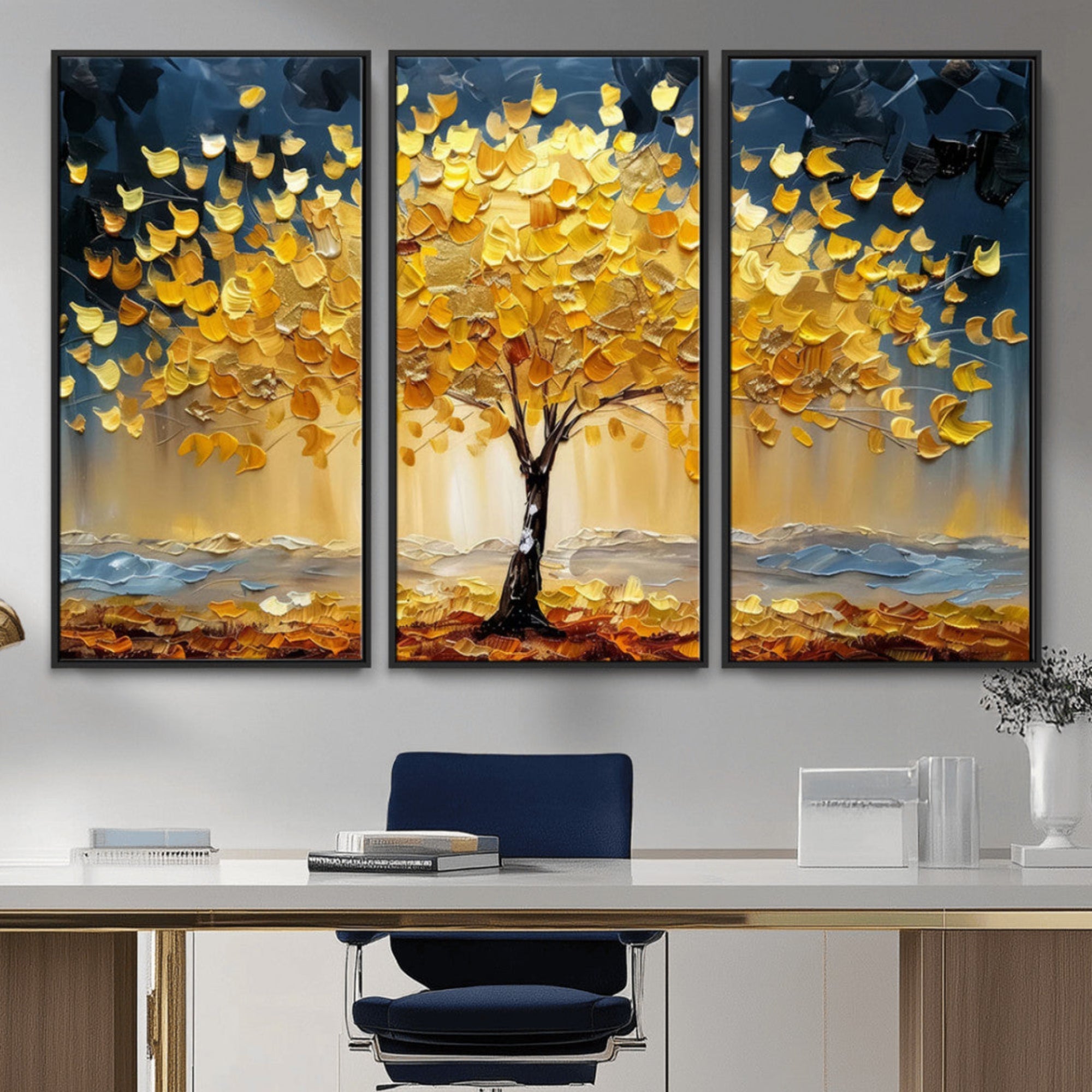 Golden Tree Wall Art – Framed Autumn Leaves Canvas Artwork,