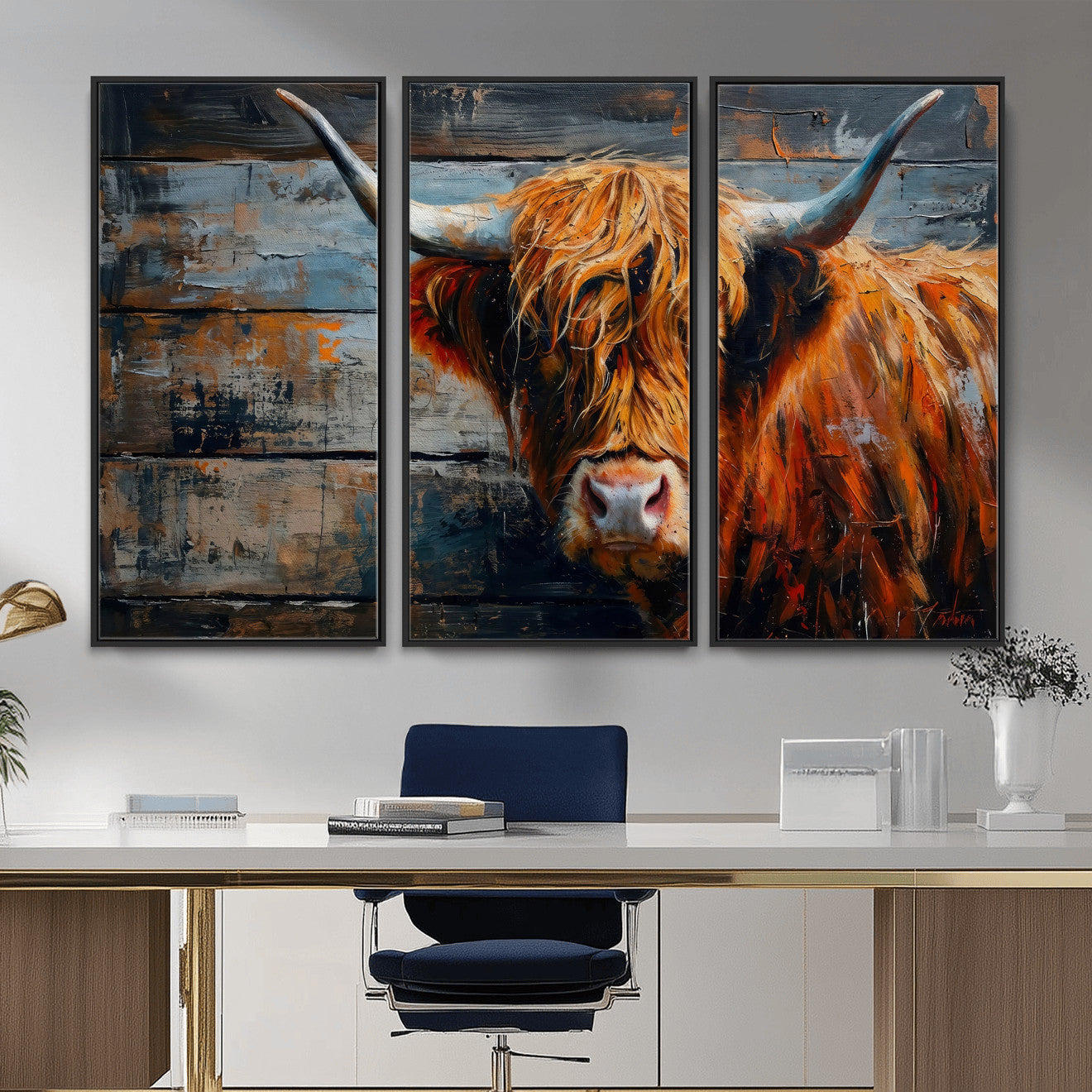 Highland Cow Wall Art Canvas Print, Abstract Rustic Farm