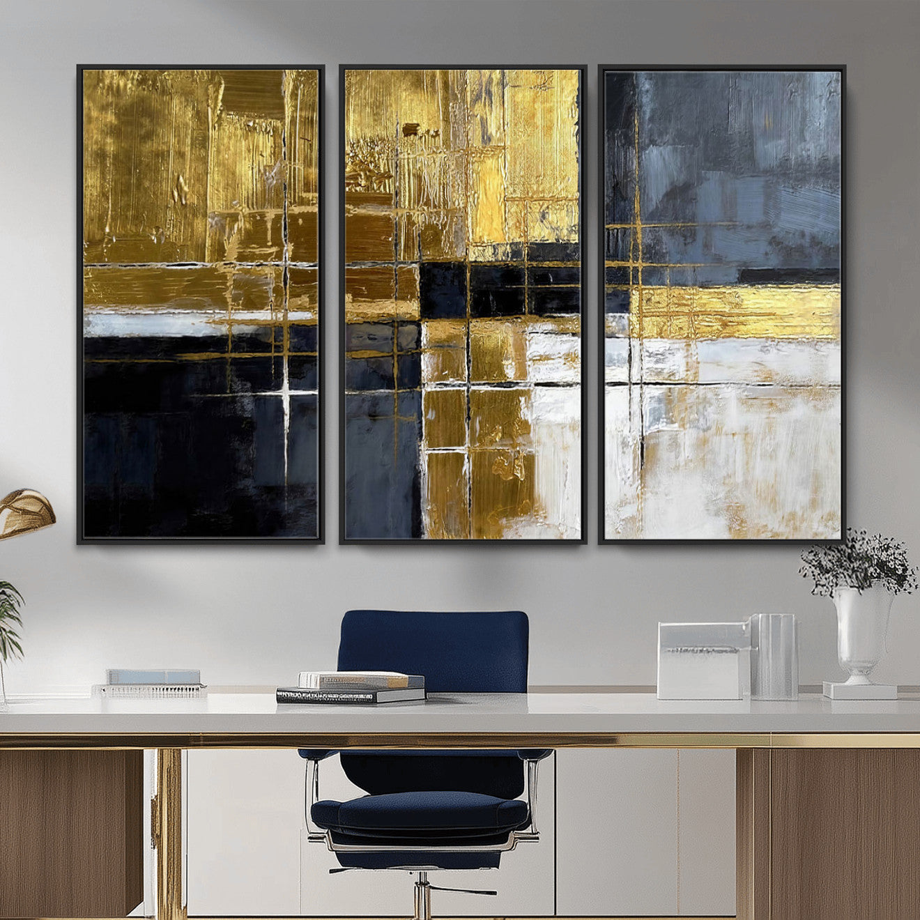Gold Navy Abstract Wall Art Canvas Print, Modern Luxury