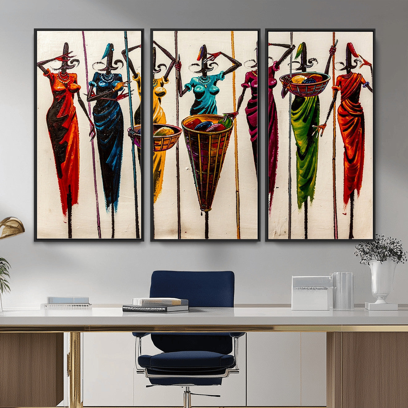 African Folk Art Canvas Wall Art, Colorful African Women Village Painting Print, Tribal Ethnic Home Decor, Vibrant African Art, Living Room