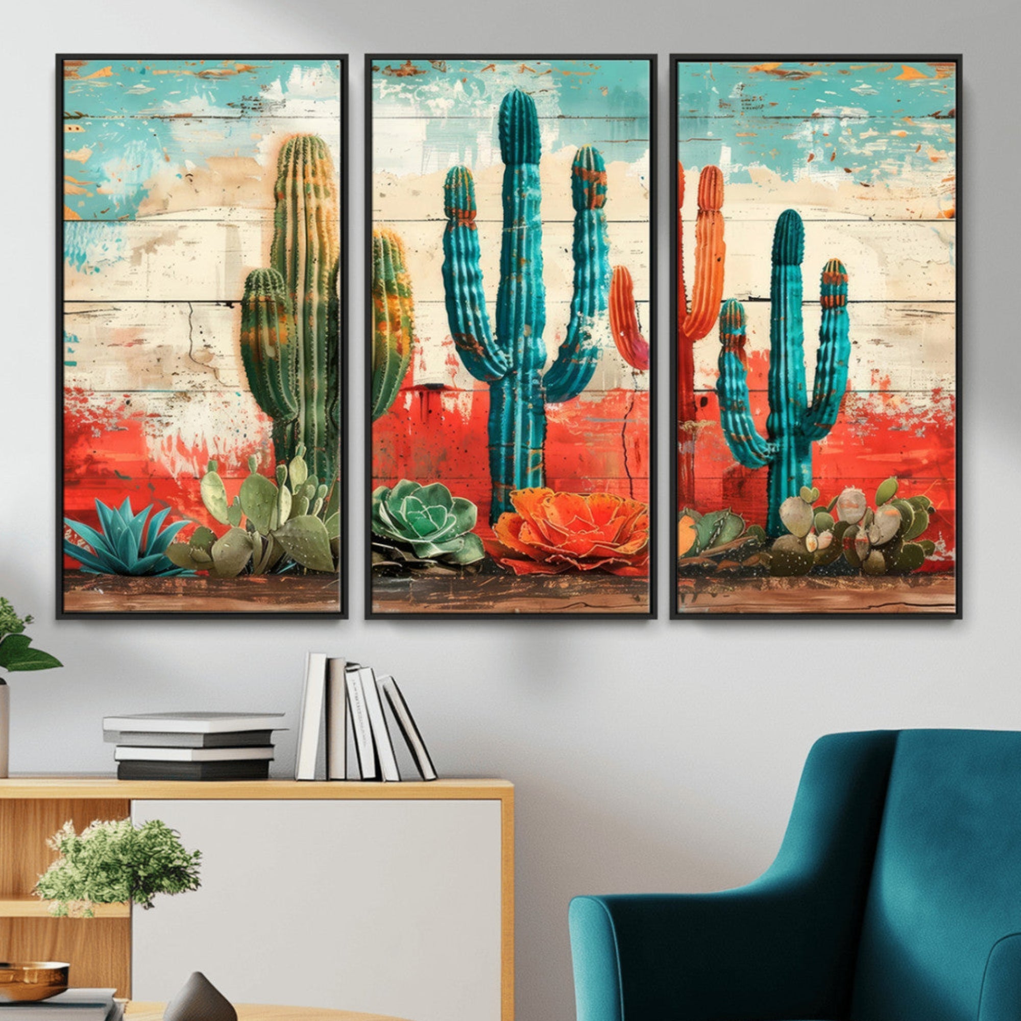 Colorful Cacti Wall Art – Framed Vibrant Succulent Canvas