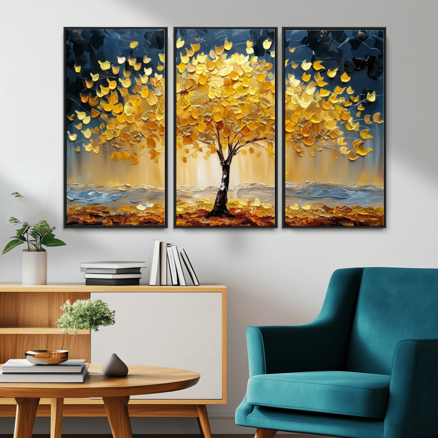 Golden Tree Wall Art – Framed Autumn Leaves Canvas Artwork,