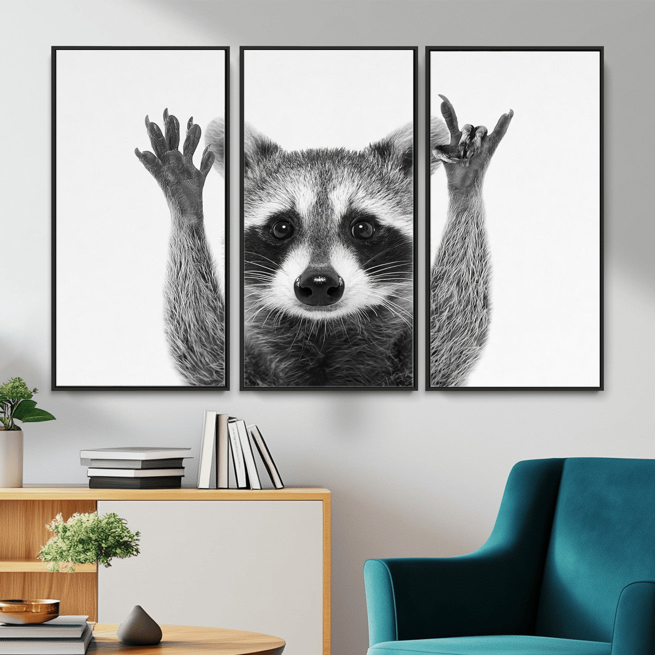Funny Raccoon Canvas Wall Art, Black White Hands Up Animal Photo Print, Humorous Wildlife Decor, Kids Room Nursery Art, Quirky Animal Gift