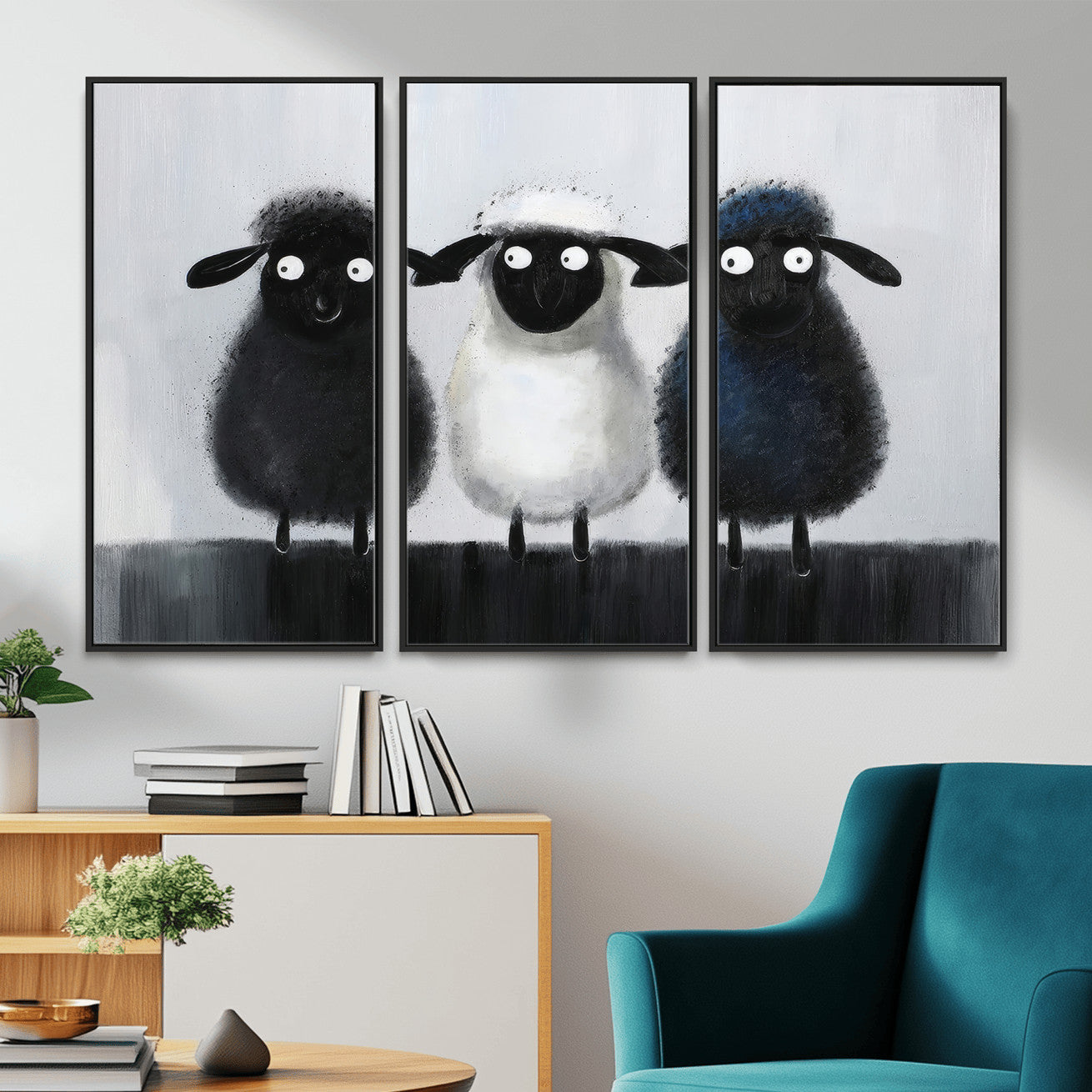Funny Sheep Canvas Wall Art, Three Quirky Sheep Painting Print, Cute Animal Nursery Decor, Black White Navy Farmhouse Art, Kids Room Gift