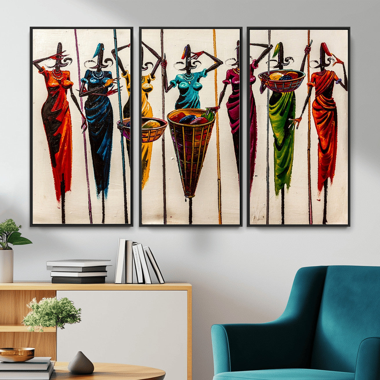 African Folk Art Canvas Wall Art, Colorful African Women Village Painting Print, Tribal Ethnic Home Decor, Vibrant African Art, Living Room
