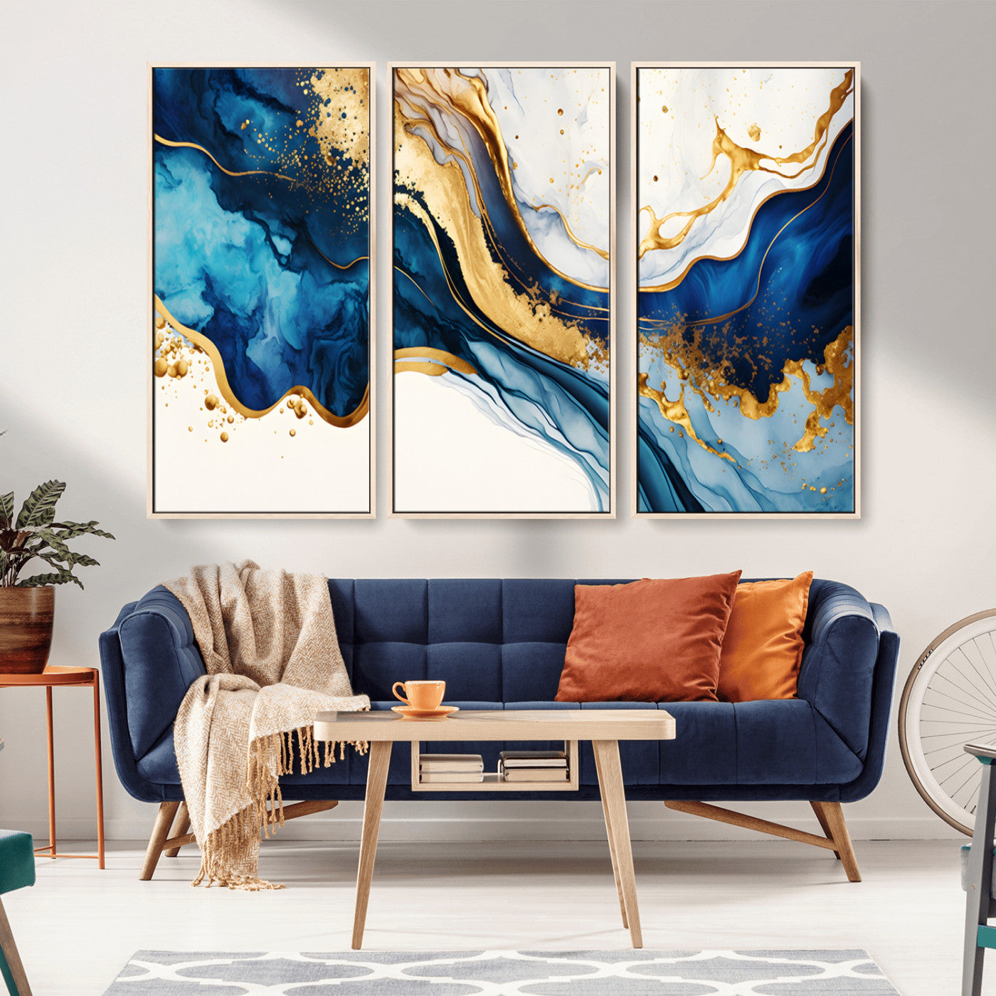 Blue Gold Flow Wall Art Canvas Print – Framed Marble Design