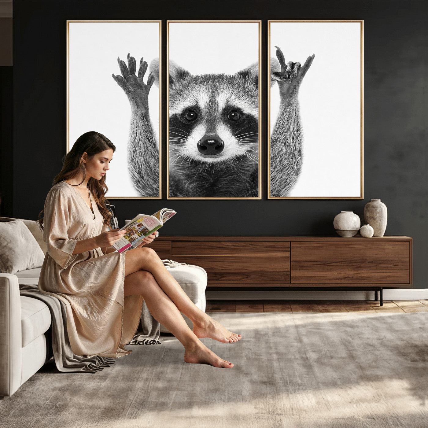 Funny Raccoon Canvas Wall Art, Black White Hands Up Animal Photo Print, Humorous Wildlife Decor, Kids Room Nursery Art, Quirky Animal Gift