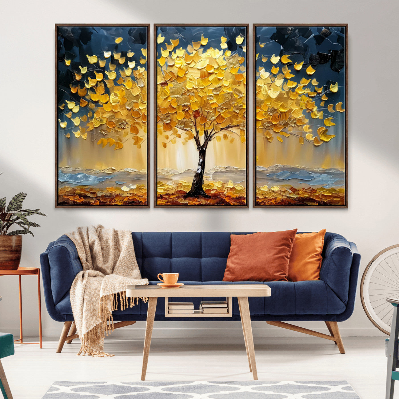 Golden Tree Wall Art – Framed Autumn Leaves Canvas Artwork,
