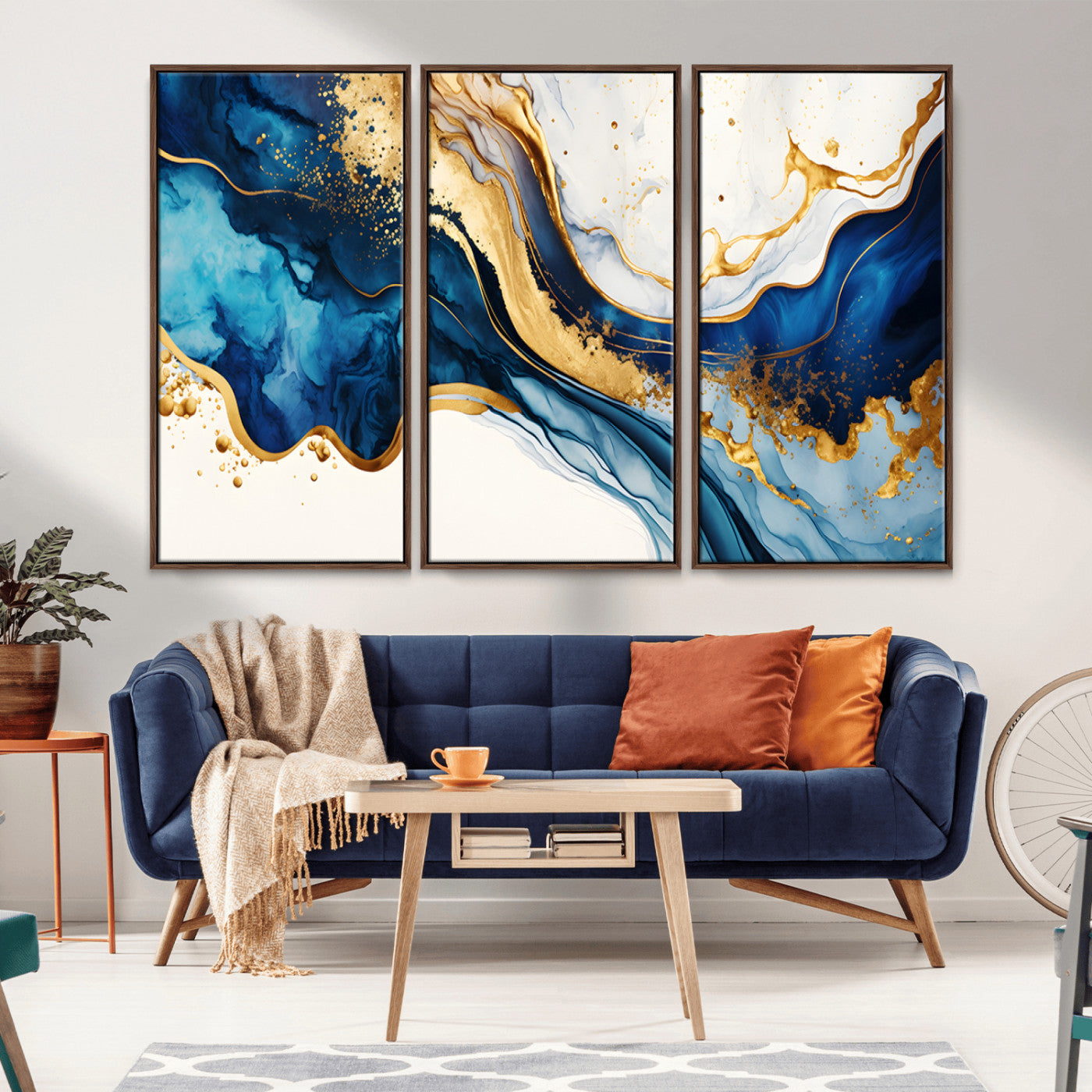 Blue Gold Flow Wall Art Canvas Print – Framed Marble Design