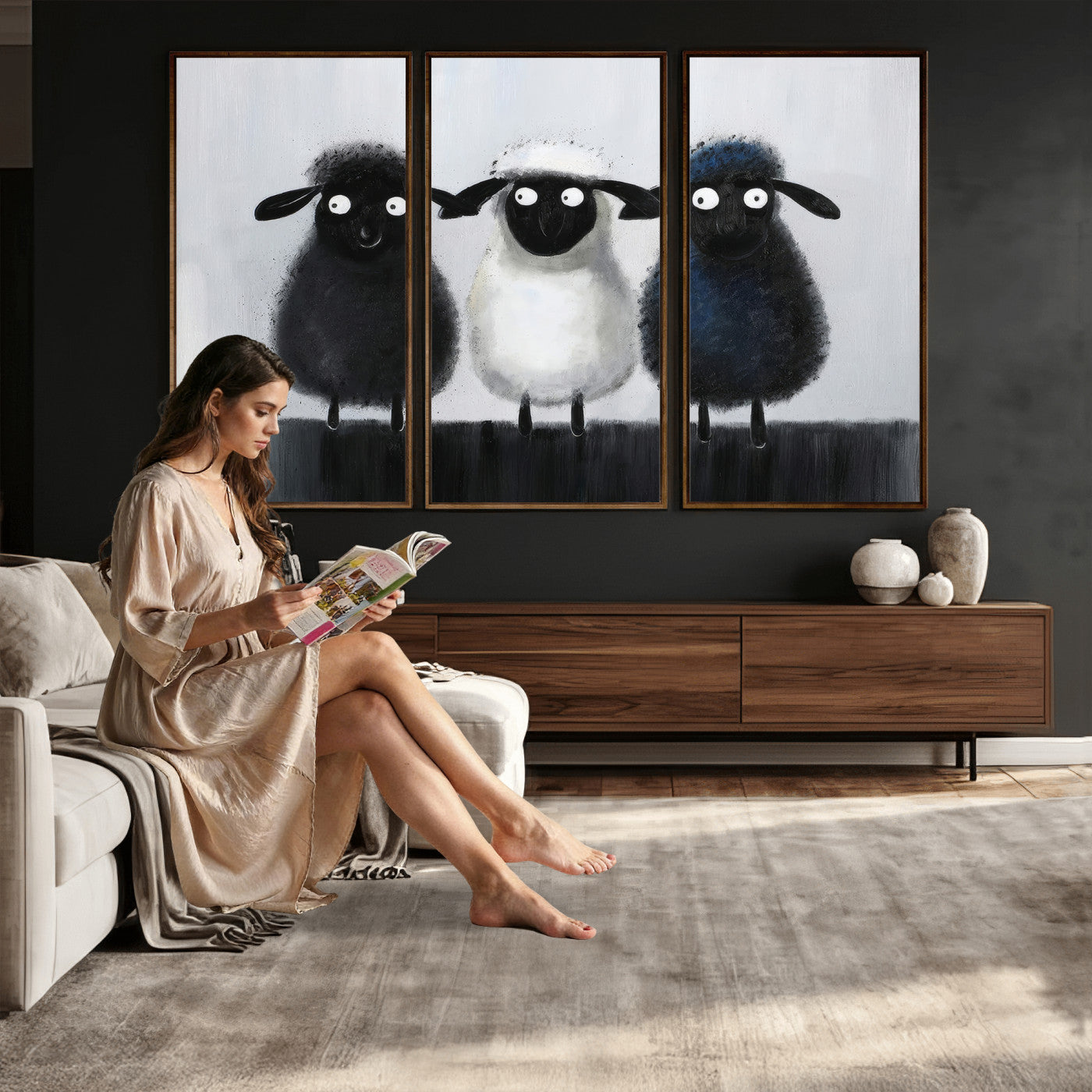 Funny Sheep Canvas Wall Art, Three Quirky Sheep Painting Print, Cute Animal Nursery Decor, Black White Navy Farmhouse Art, Kids Room Gift