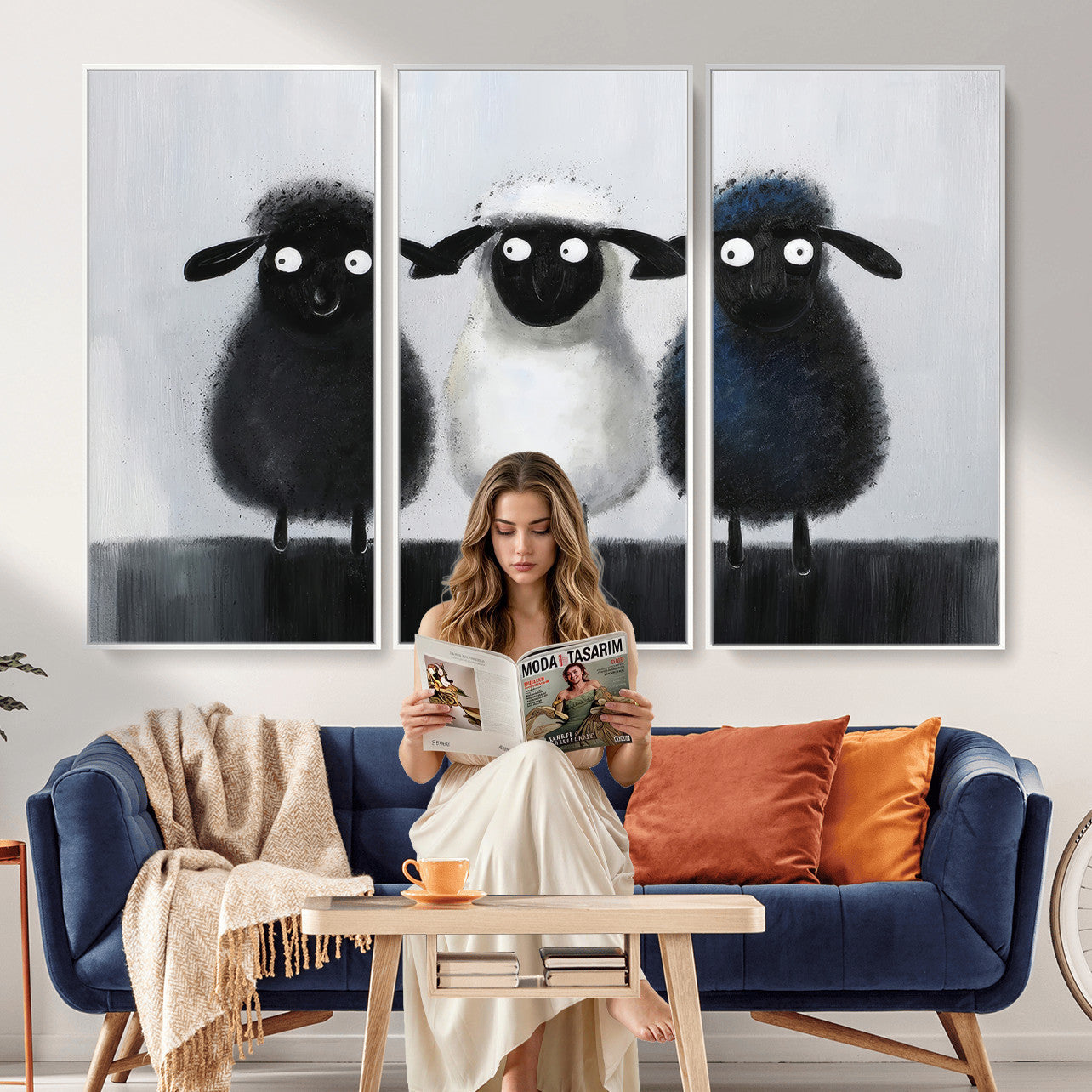 Funny Sheep Canvas Wall Art, Three Quirky Sheep Painting Print, Cute Animal Nursery Decor, Black White Navy Farmhouse Art, Kids Room Gift