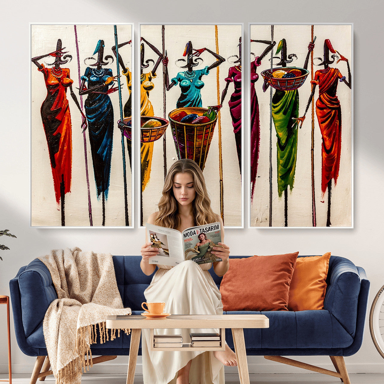 African Folk Art Canvas Wall Art, Colorful African Women Village Painting Print, Tribal Ethnic Home Decor, Vibrant African Art, Living Room
