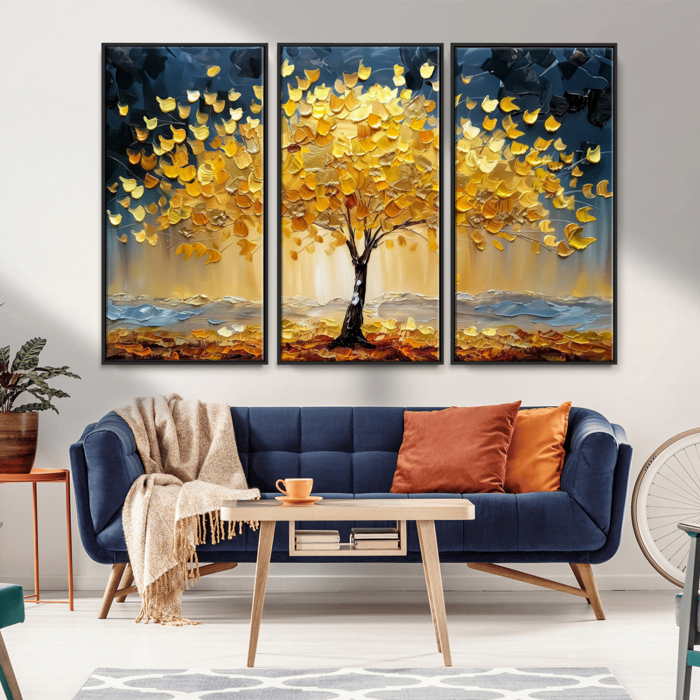 Golden Tree Wall Art – Framed Autumn Leaves Canvas Artwork,